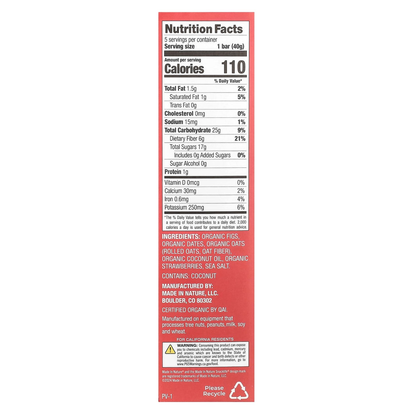 Made in Nature, Fig 'N' Oats®, Strawberry, 5 Individually Wrapped Bars, 1.4 oz (40 g) Each - Image 2
