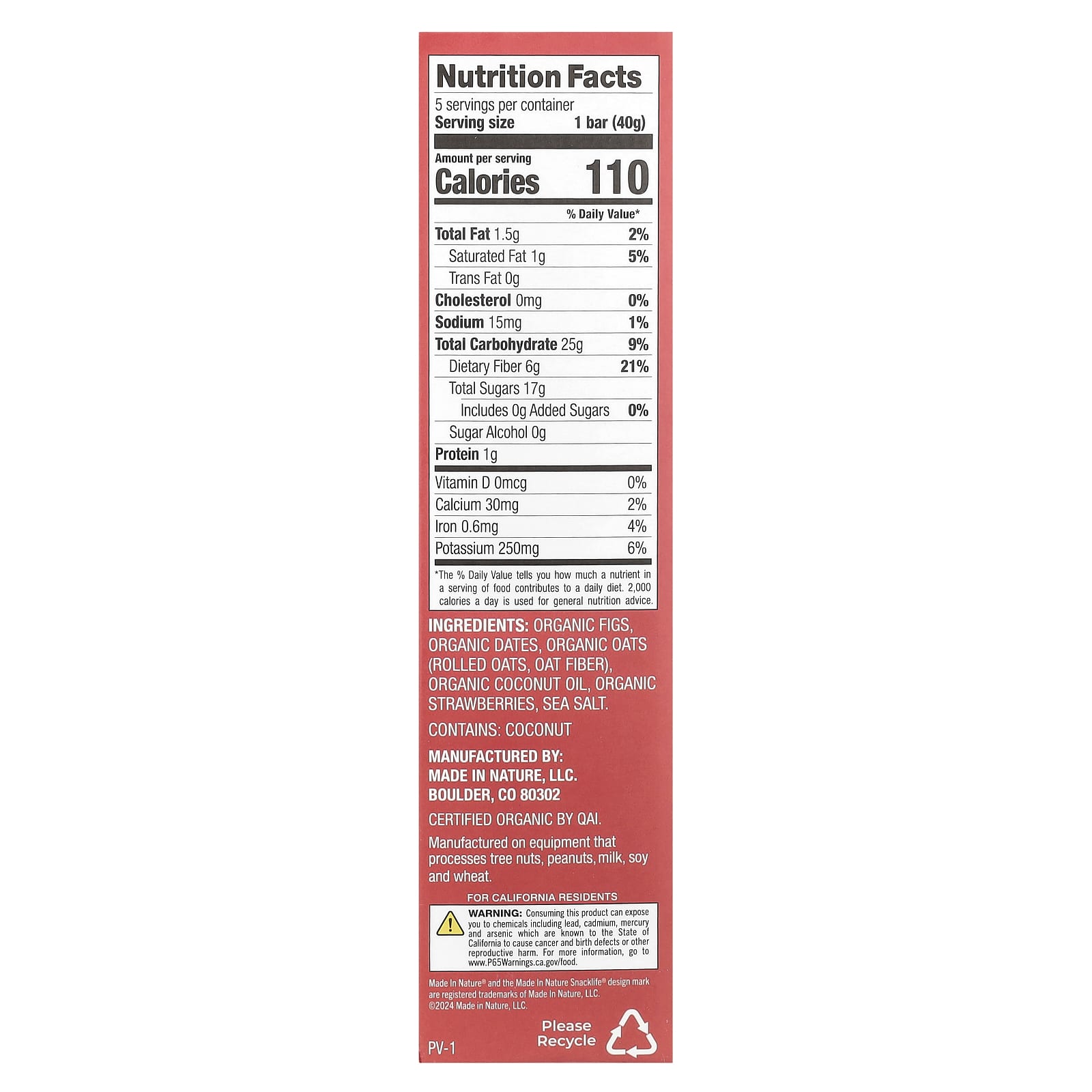 Made in Nature, Fig 'N' Oats®, Strawberry, 5 Individually Wrapped Bars, 1.4 oz (40 g) Each - Image 2