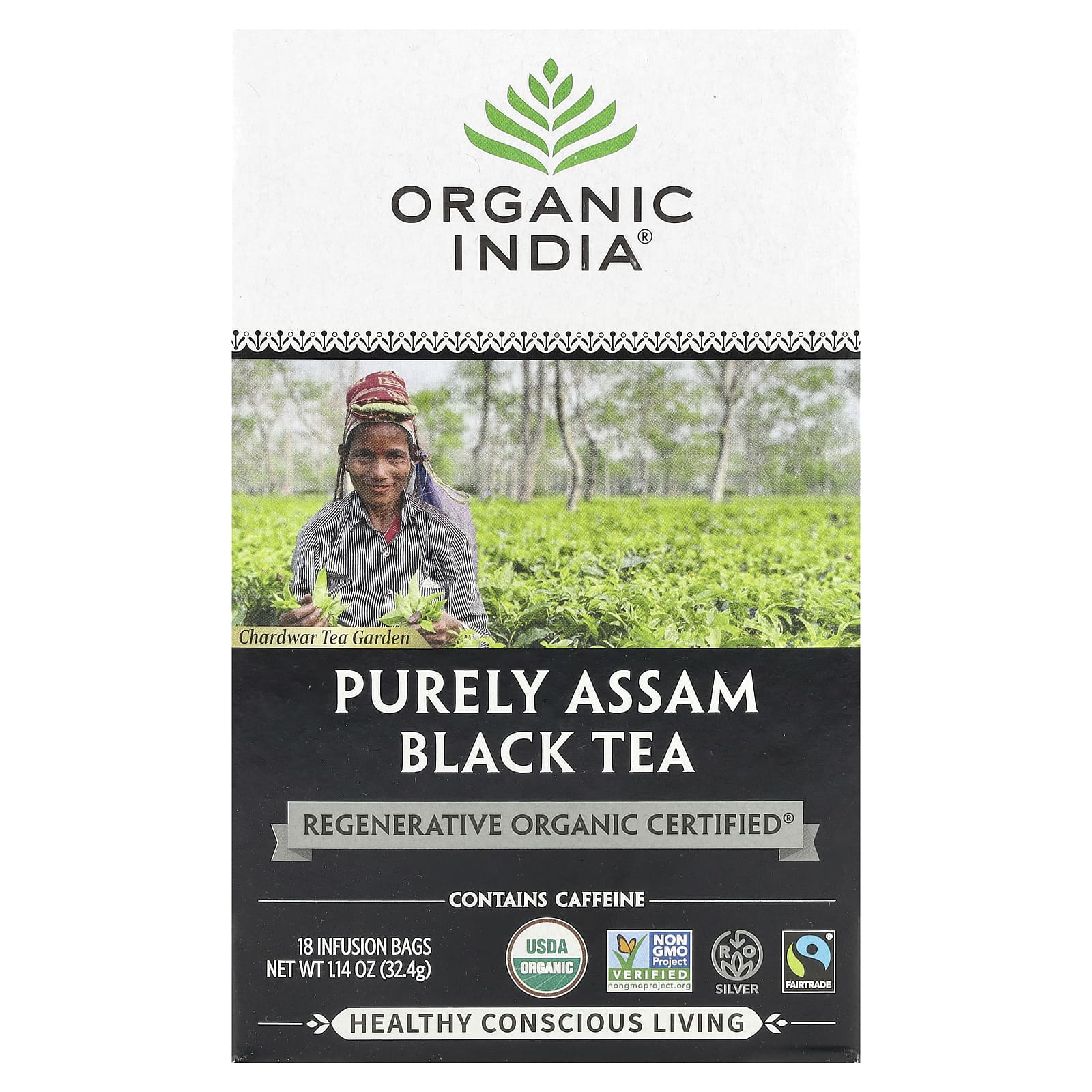 Organic India, Purely Assam Black Tea, 18 Infusion Bags, 1.14 oz (32.4 g) - Image 1