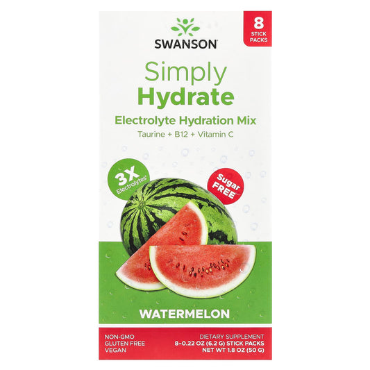Swanson, Simply Hydrate, Electrolyte Hydration Mix, Watermelon, 8 Stick Packs 0.22 oz (6.2 g) Each - Image 1