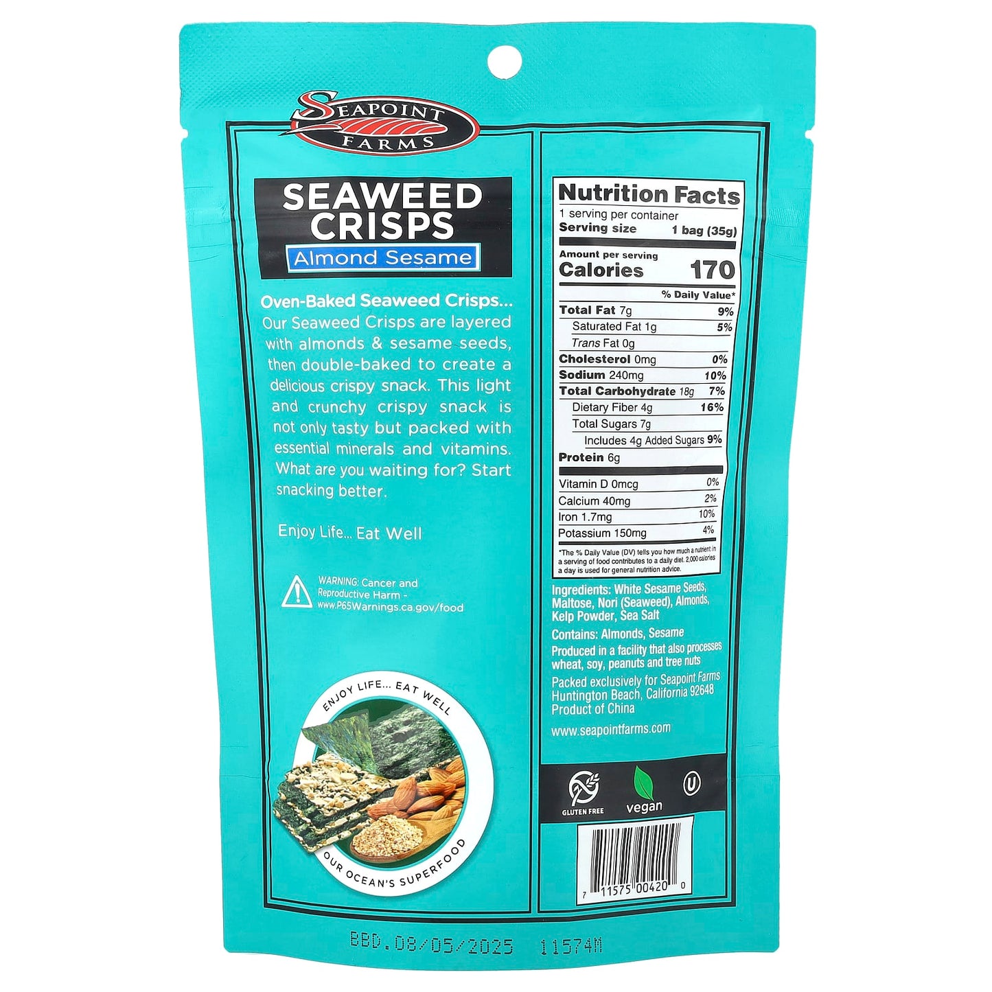 Seapoint Farms, Seaweed Crisps, Almond Sesame, 1.2 oz (35 g) - Image 2