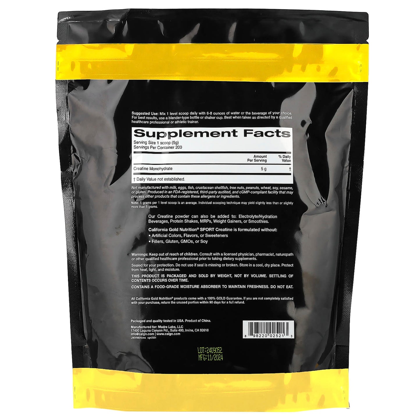 California Gold Nutrition Creatine Monohydrate Powder, Unflavored, 2.2 lbs - Image 2