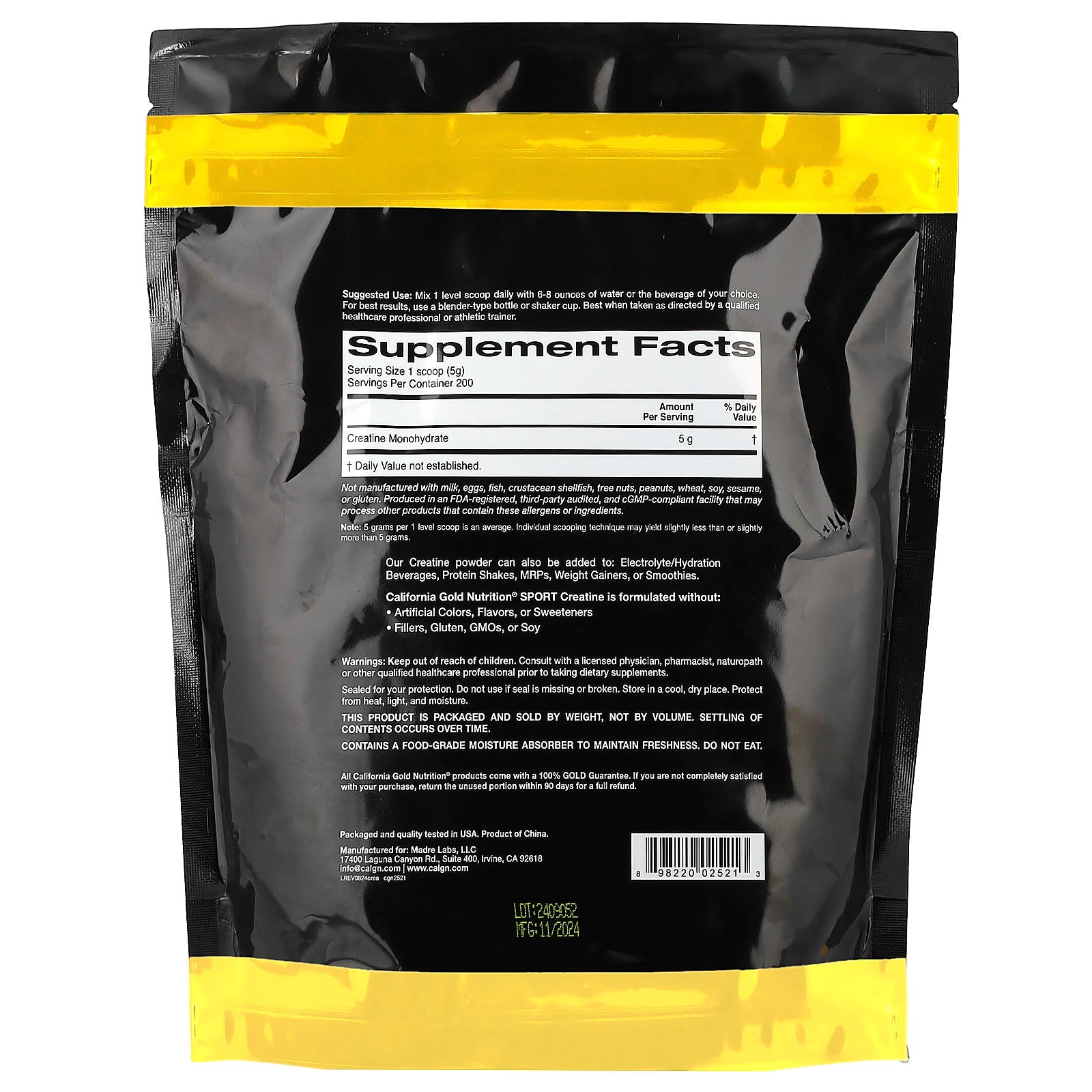 California Gold Nutrition Creatine Monohydrate Powder, Unflavored, 2.2 lbs - Image 2