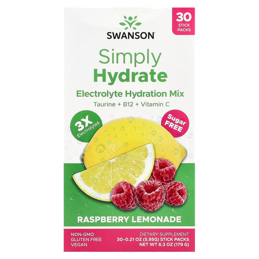 Swanson, Simply Hydrate, Electrolyte Hydration Mix, Raspberry Lemonade, 30 Stick Packs, 0.21 oz (5.95 g) Each - Image 1