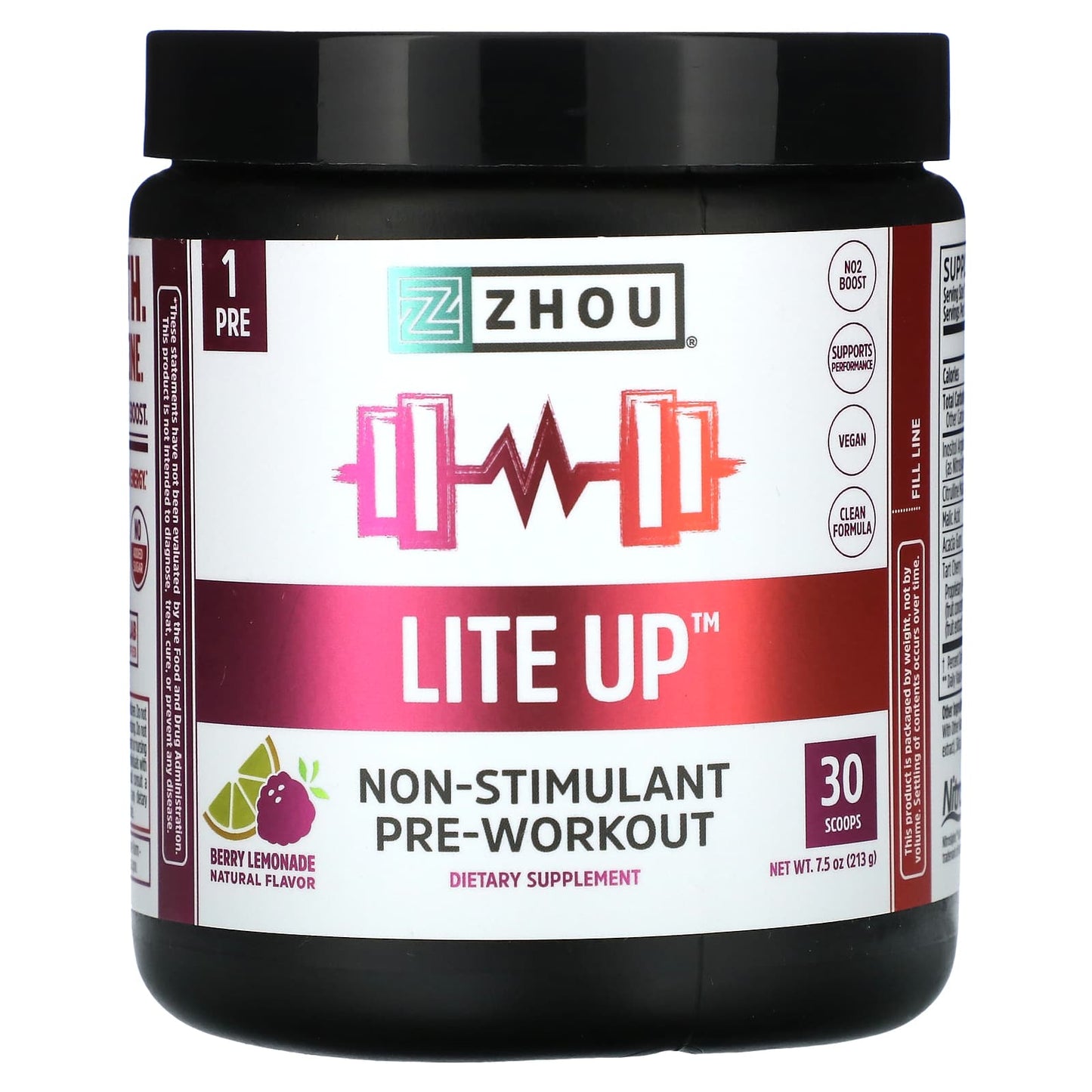 Zhou Nutrition, Lite Up, Non-Stimulant Pre-Workout, Berry Lemonade, 7.5 oz (213 g) - Image 1