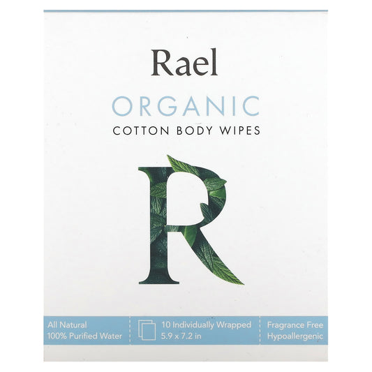 Rael, Organic Cotton Body Wipes, Fragrance Free, 10 Individually Wrapped Wipes - Image 1