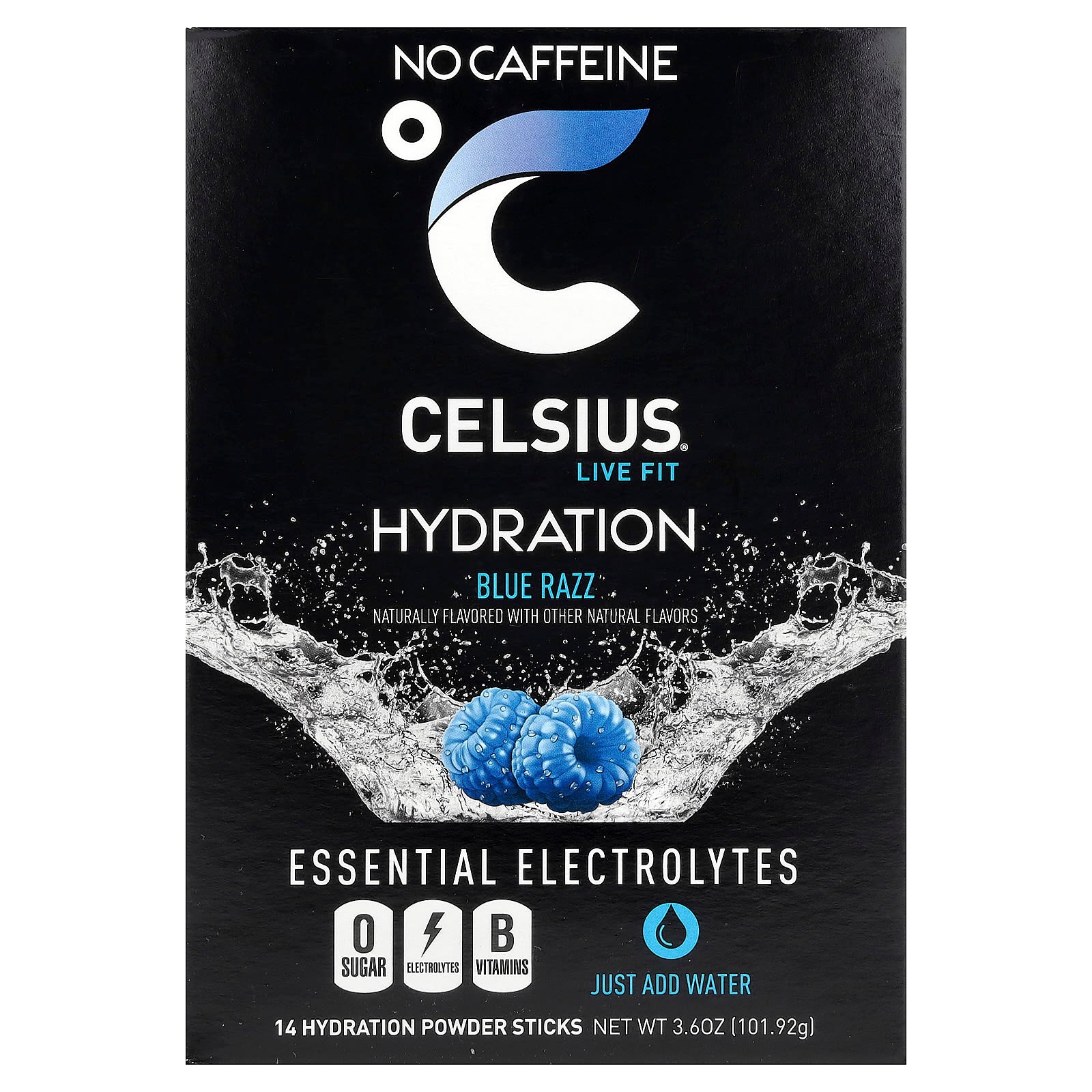 Celsius, Live Fit, Hydration, Essential Electrolytes, No Caffeine, Blue Razz, 14 Hydration Powder Sticks, 0.26 oz (7.28 g) Each
