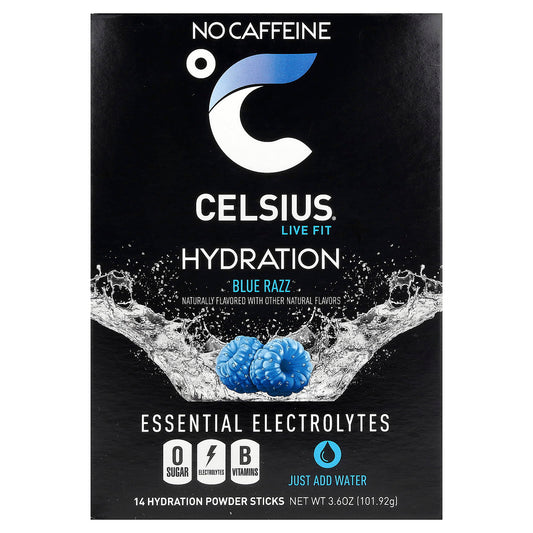 Celsius, Live Fit, Hydration, Essential Electrolytes, No Caffeine, Blue Razz, 14 Hydration Powder Sticks, 0.26 oz (7.28 g) Each