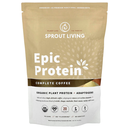 Sprout Living, Epic Protein®, Organic Plant Protein + Adaptogens, Complete Coffee, 1 lb (456 g) - Image 1