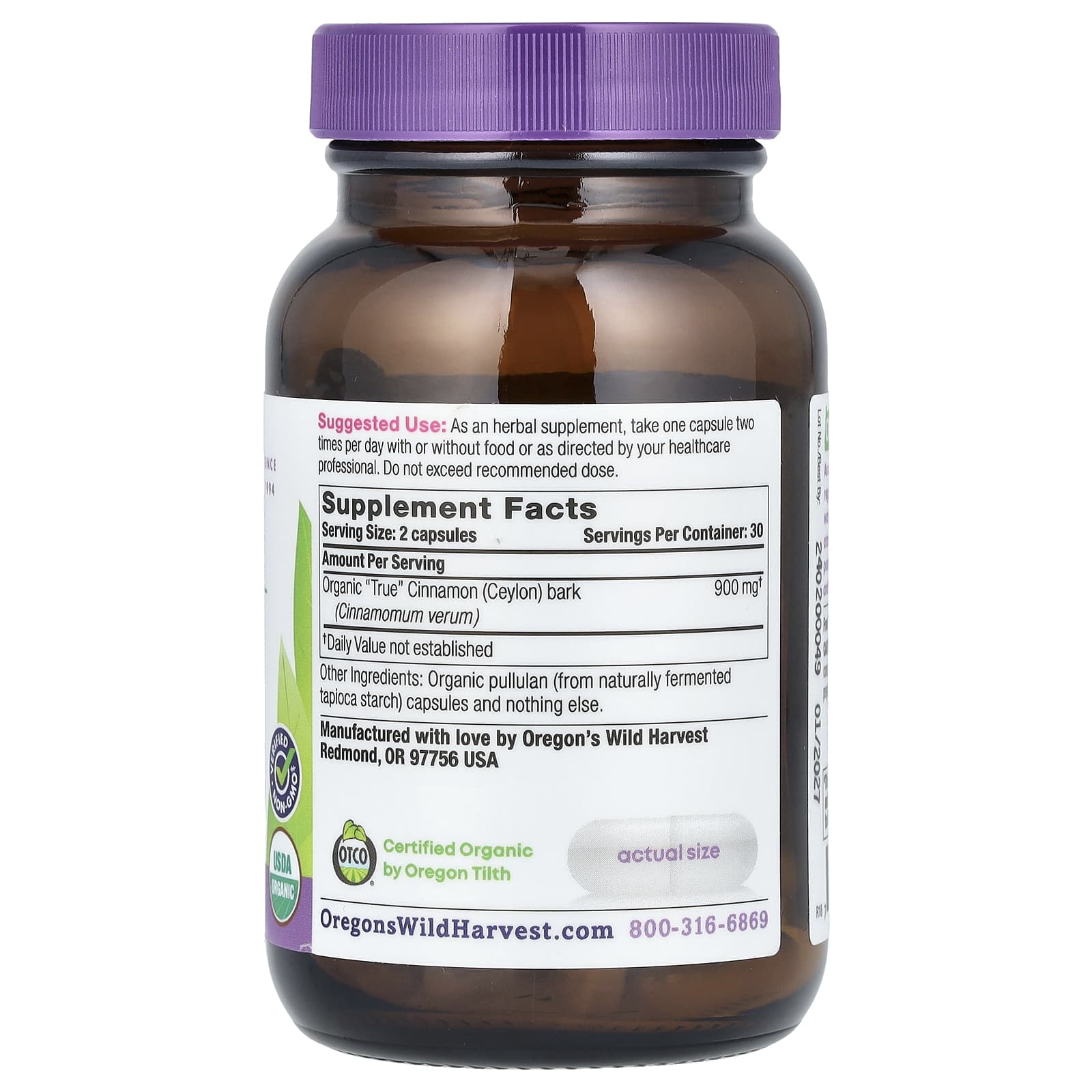 Oregon's Wild Harvest, Organic "True" Cinnamon (Ceylon), 60 Organic Vegan Capsules (450 mg per Capsule) - Image 2