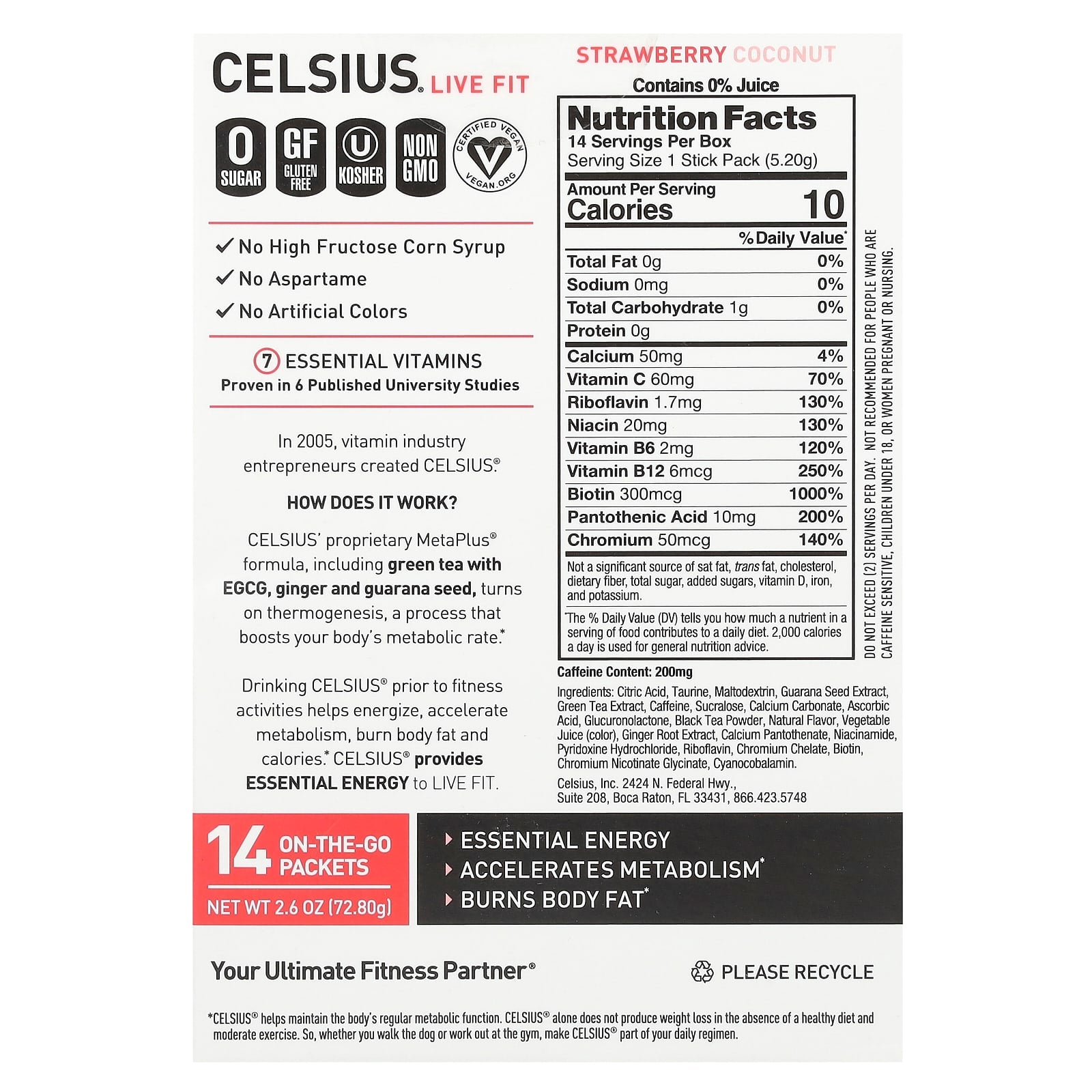 CELSIUS Live Fit Strawberry Coconut Energy Drink, 14 Packets - Image 2