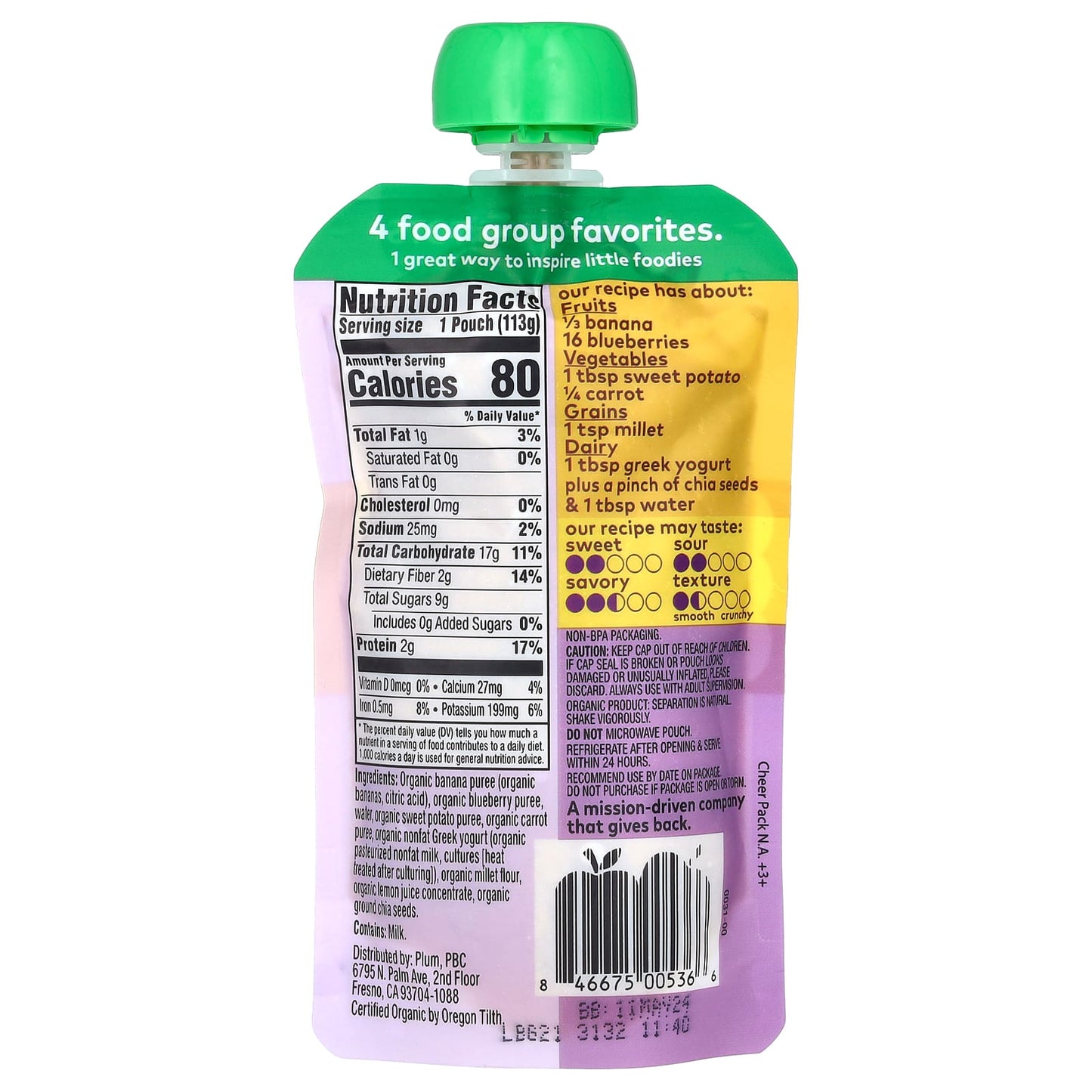 Plum Organics, Mighty Tots, 4 Food Group Blend, Tots, Banana, Blueberry, Sweet Potato, Carrot, Greek Yogurt, Millet, 4 oz (113 g) - Image 2