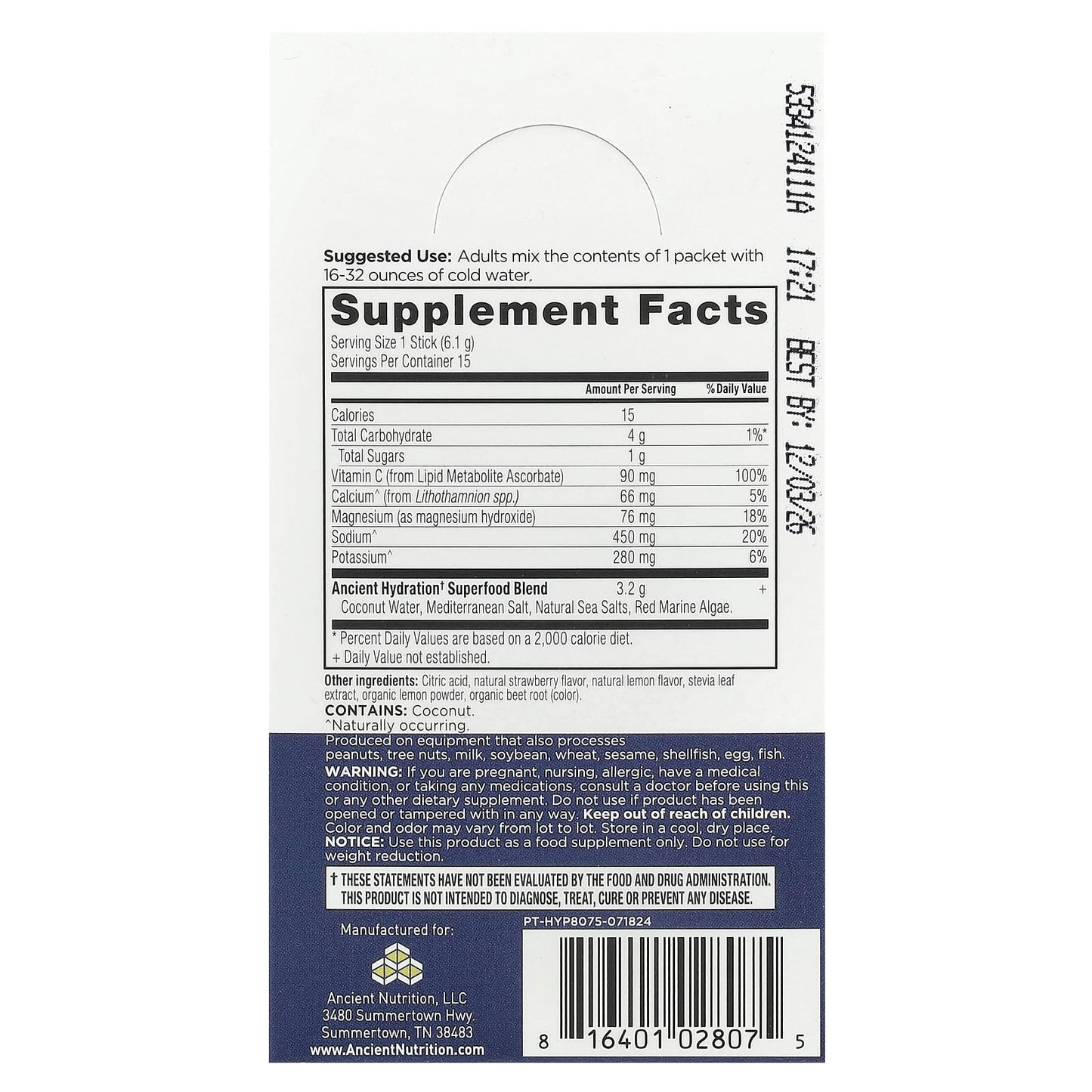 Ancient Nutrition Rapid Hydration Strawberry Lemonade, 15 On-The-Go Stick Packs - Image 2