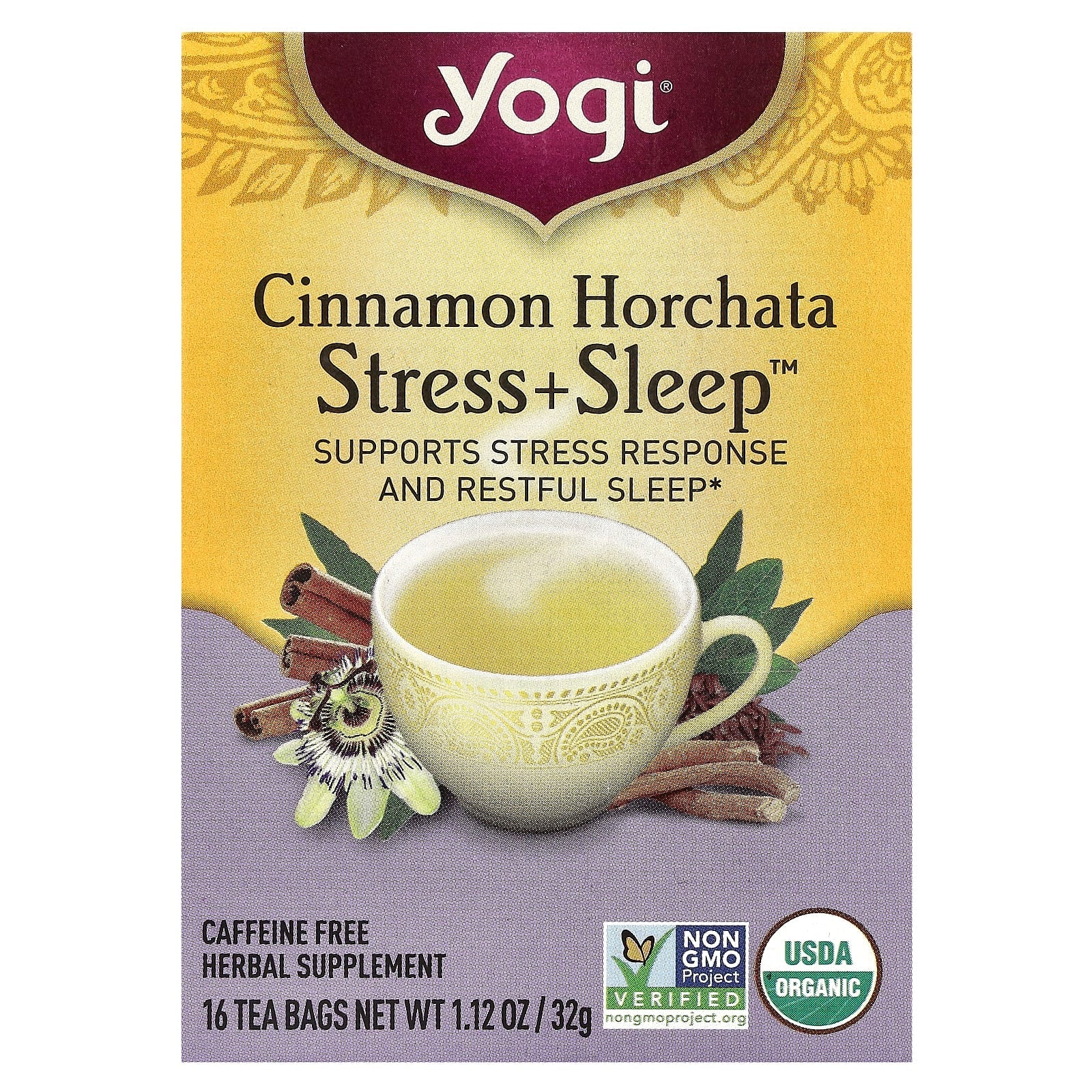 Yogi Tea, Stress + Sleep, Cinnamon Horchata, Caffeine Free, 16 Tea Bags, 1.12 oz (32 g) - Image 1