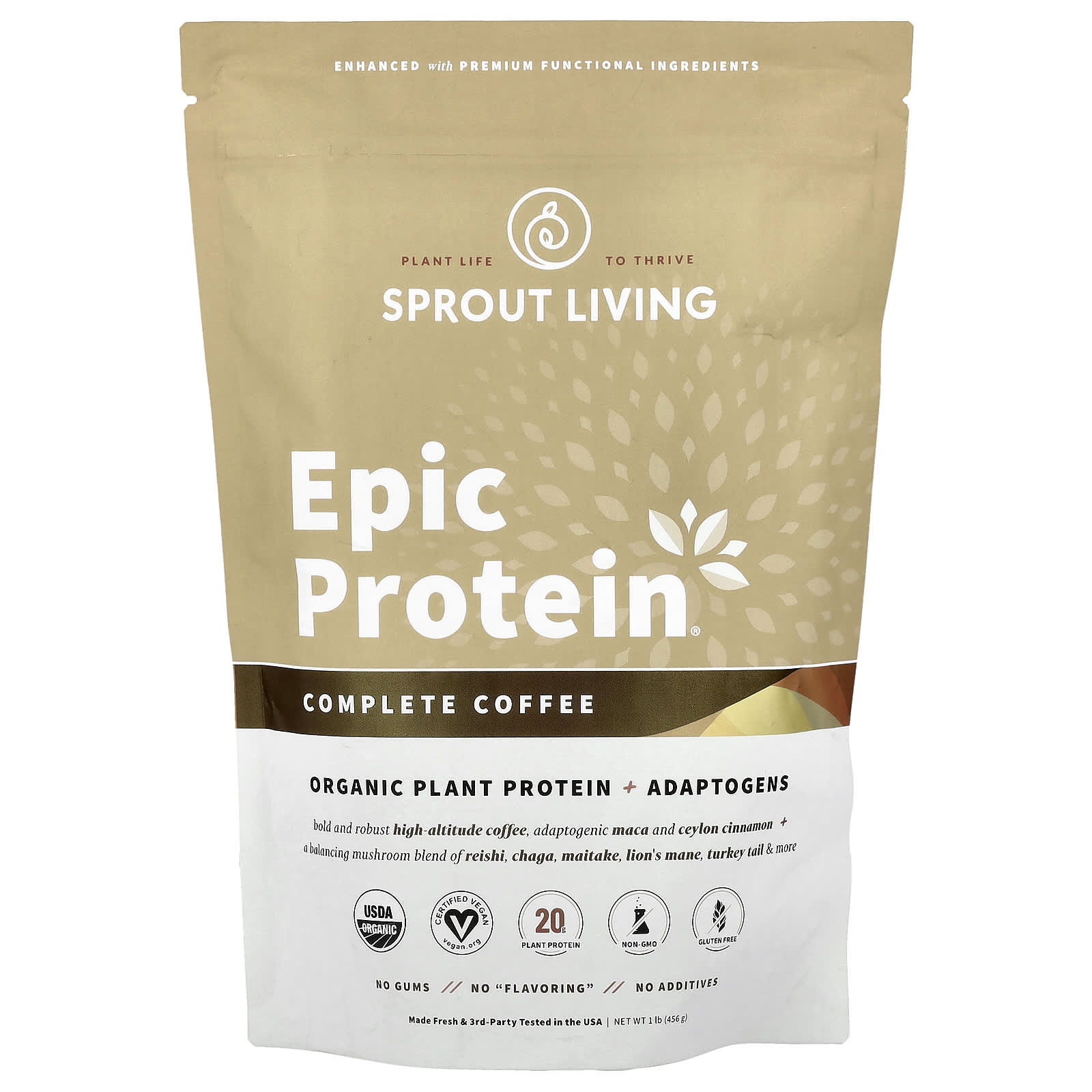 Sprout Living, Epic Protein®, Organic Plant Protein + Adaptogens, Complete Coffee, 1 lb (456 g) - Image 1