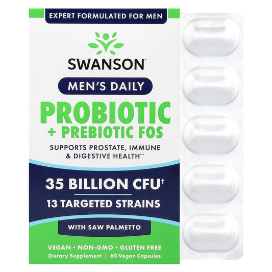 Swanson, Men's Daily, Probiotic + Prebiotics FOS With Saw Palmetto, 35 Billion CFU, 60 Vegan Capsules - Image 1