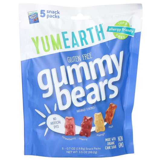 YumEarth, Gluten Free Gummy Bears, Strawberry, Cherry, Mango, Peach, 5 Snack Packs, 0.7 oz (19.8 g) Each - Image 1
