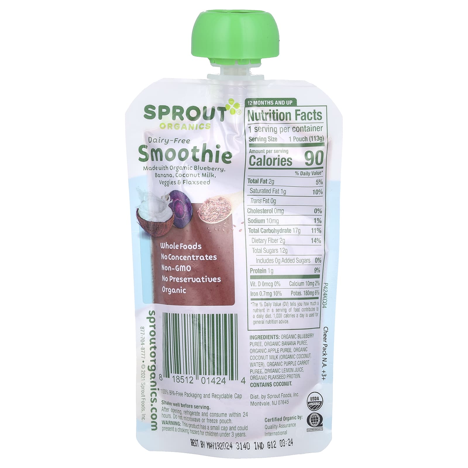 Sprout Organics, Baby Food, Smoothie, 12 Months & Up, Blueberry, Banana, Coconut Milk, Veggies & Flaxseed, 4 oz (113 g) - Image 2