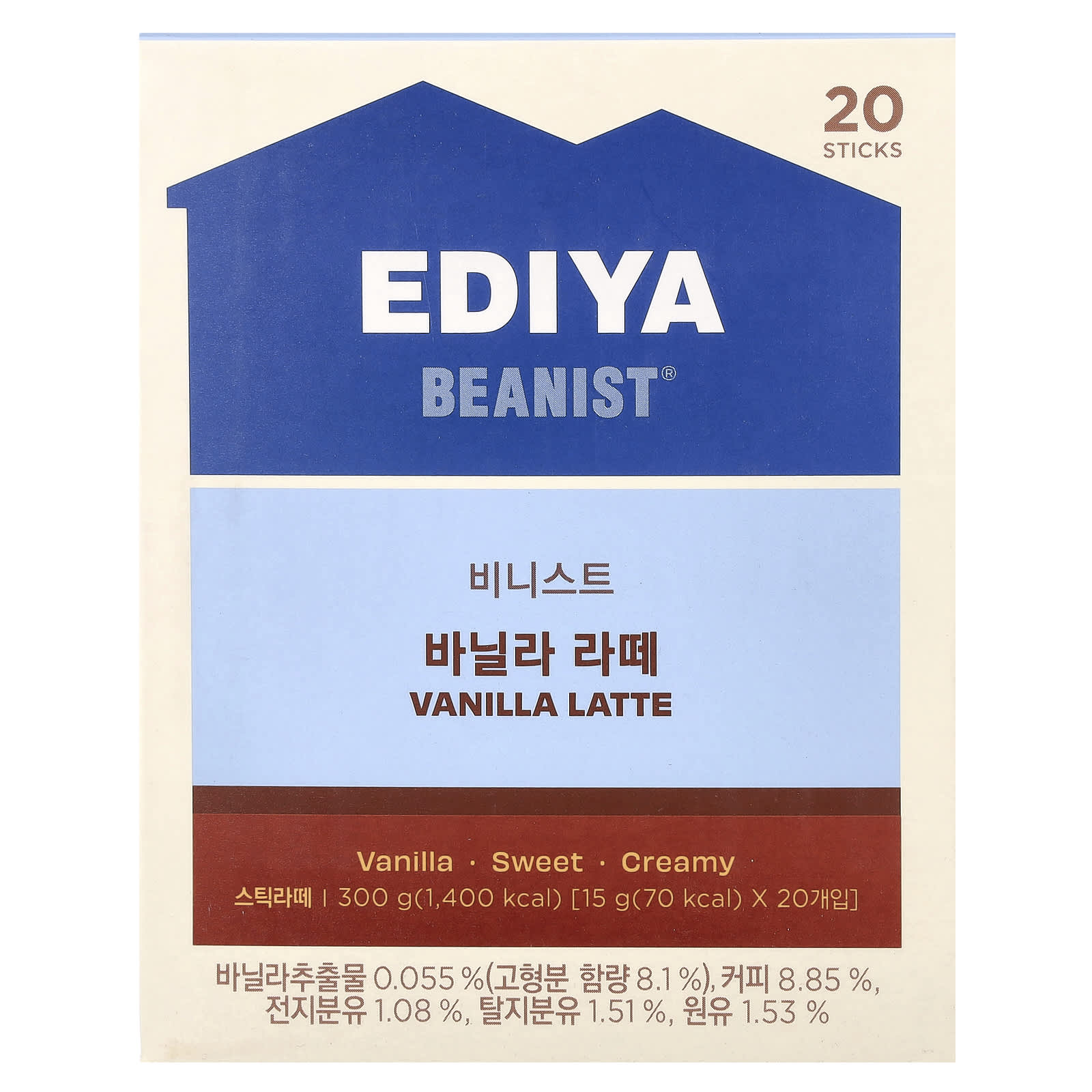 Vanilla Latte Coffee Sticks by Ediya, 20 Sticks, 0.52 oz Each - Image 1