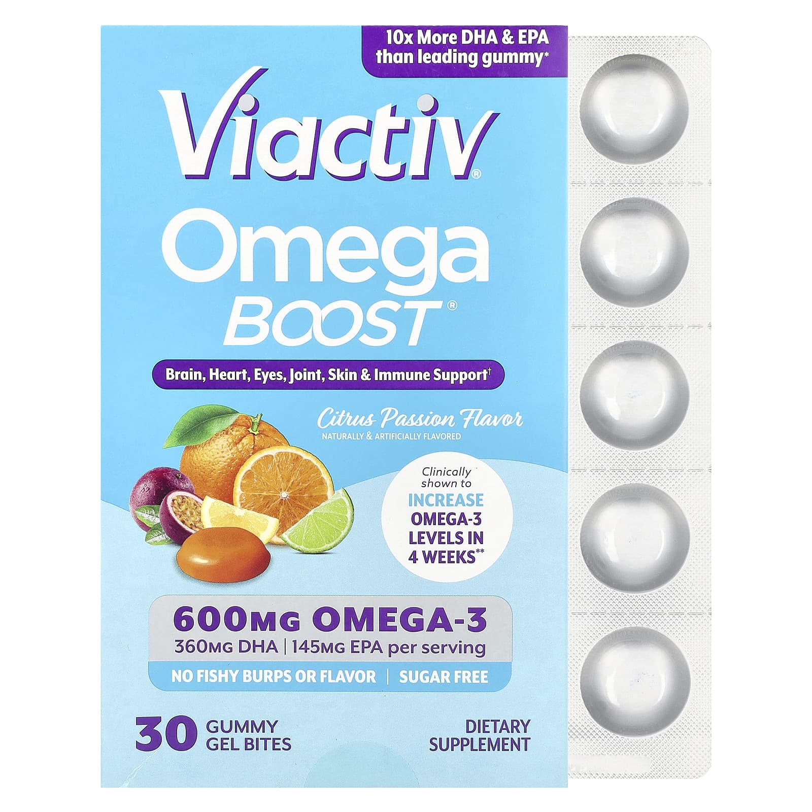 Viactiv, Omega Boost® Gummies, Citrus Passion, 600 mg, 30 Gummy Gel Bites - Image 1