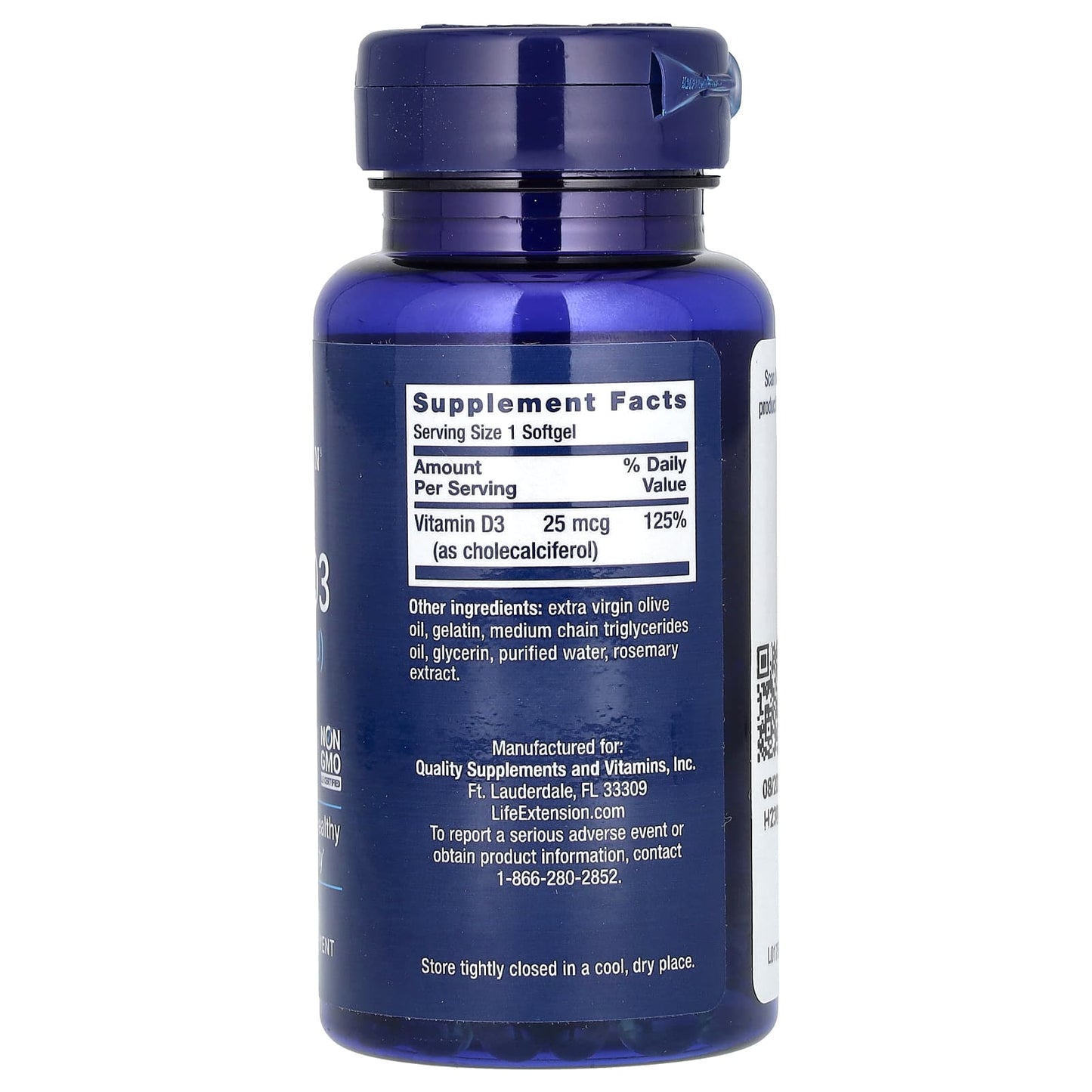 Life Extension, Vitamin D3, 25 mcg (1,000 IU), 250 Softgels - Image 2