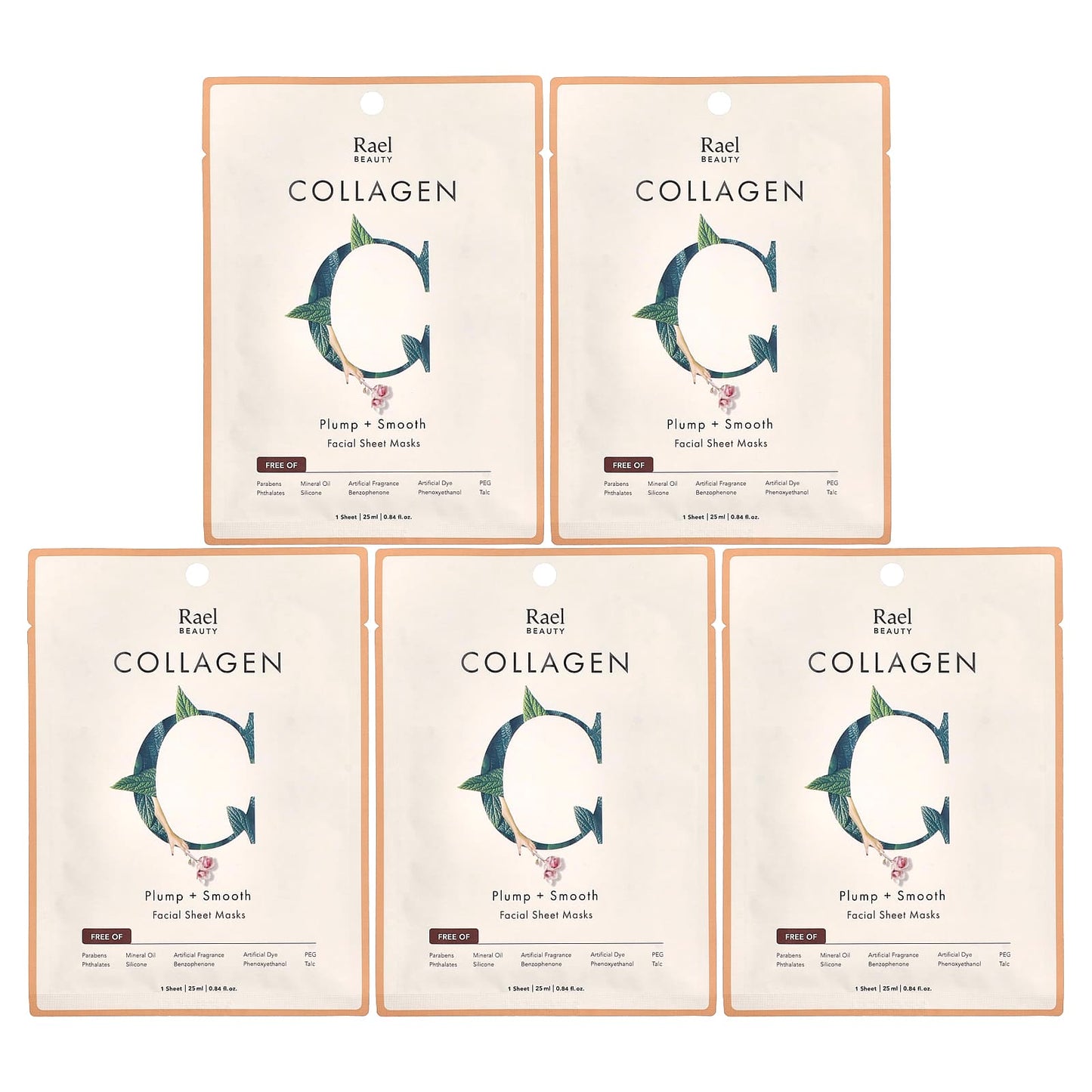 Rael, Beauty, Collagen Facial Beauty Sheet Masks, 5 Sheets, 0.84 fl oz (25 ml) Each - Image 1