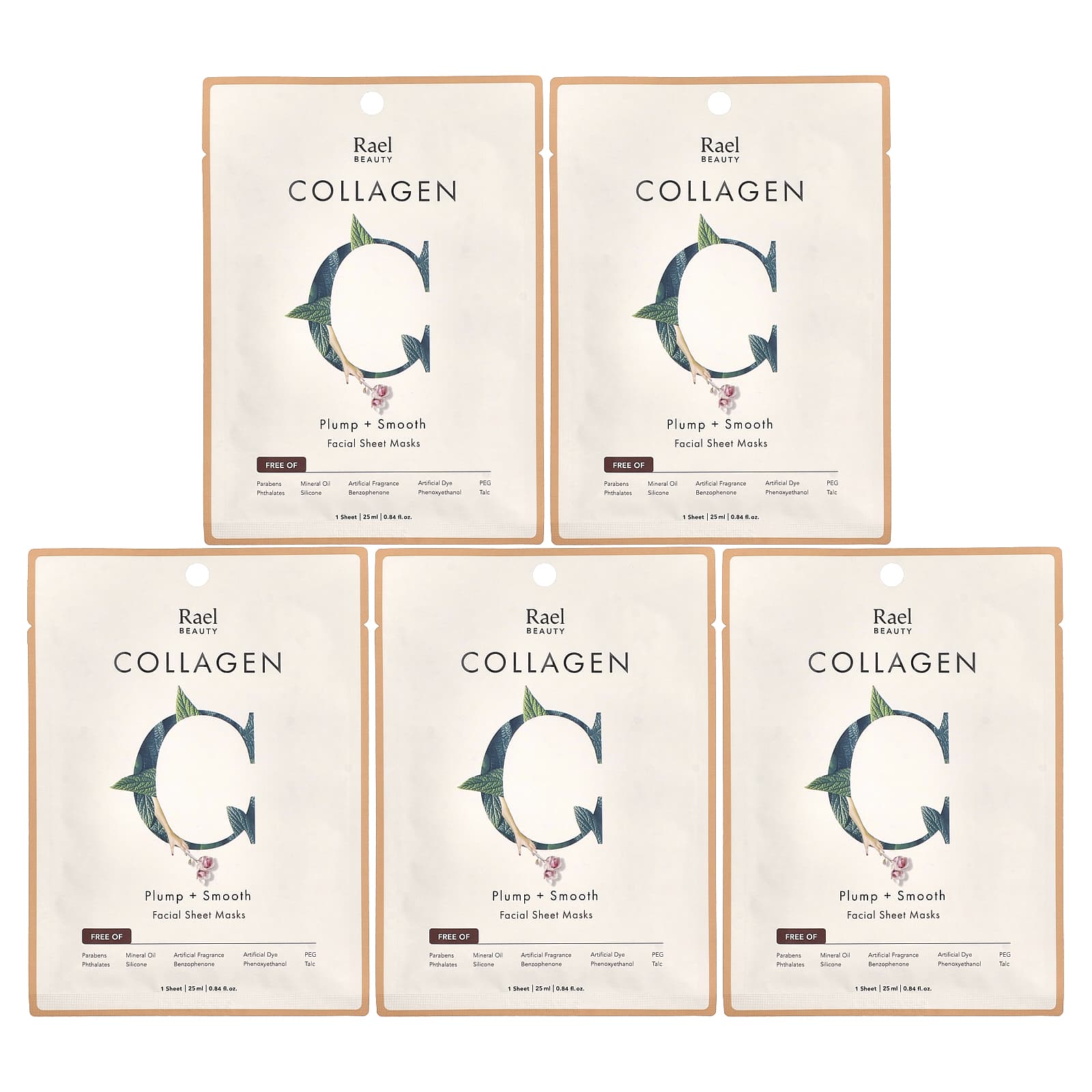 Rael, Beauty, Collagen Facial Beauty Sheet Masks, 5 Sheets, 0.84 fl oz (25 ml) Each - Image 1