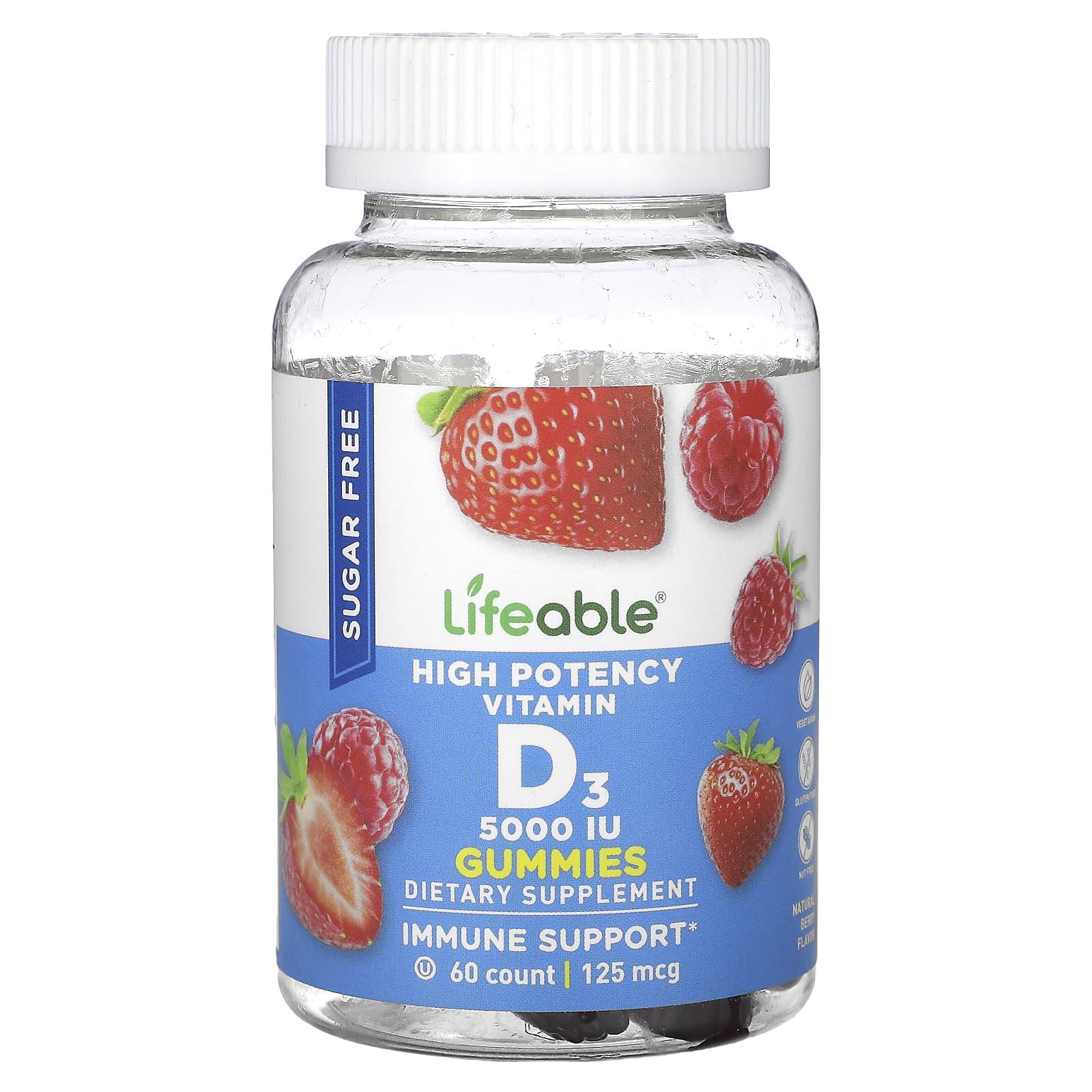 Lifeable, High Potency Vitamin D3 Gummies, Sugar Free, Natural Berry, 125 mcg (5,000 IU), 60 Gummies - Image 1