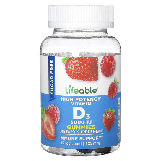 Lifeable, High Potency Vitamin D3 Gummies, Sugar Free, Natural Berry, 125 mcg (5,000 IU), 60 Gummies - Image 1