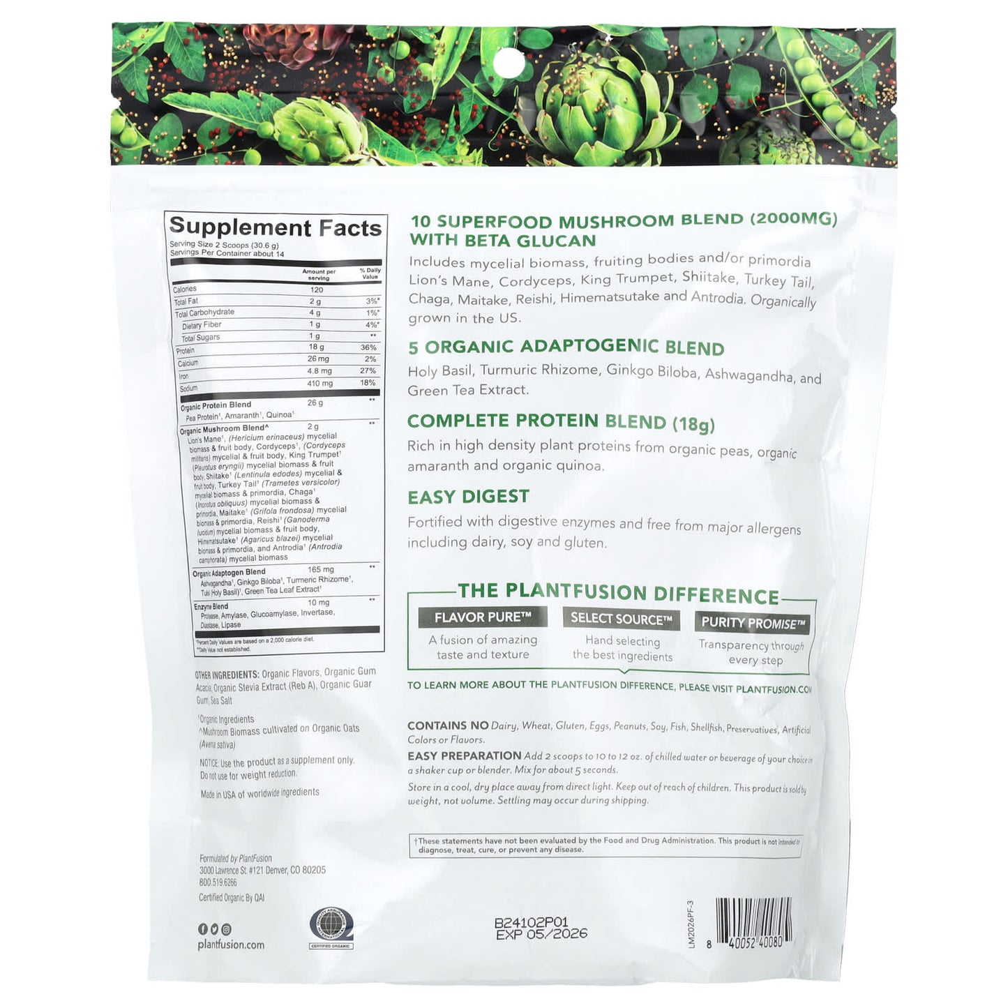 PlantFusion, Organic Mushrooms + Protein, Creamy Vanilla Bean, 15 oz (428 g) - Image 2