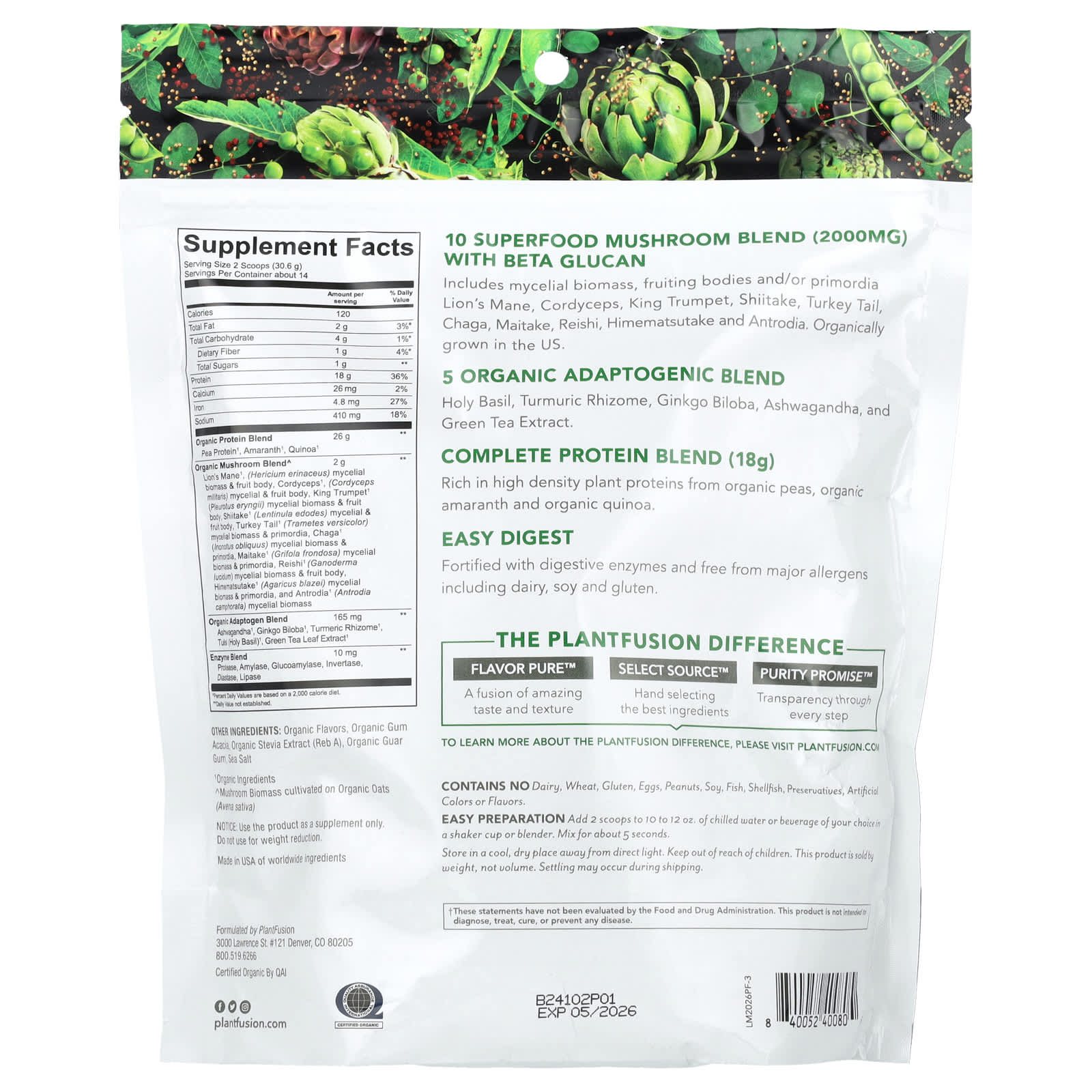 PlantFusion, Organic Mushrooms + Protein, Creamy Vanilla Bean, 15 oz (428 g) - Image 2