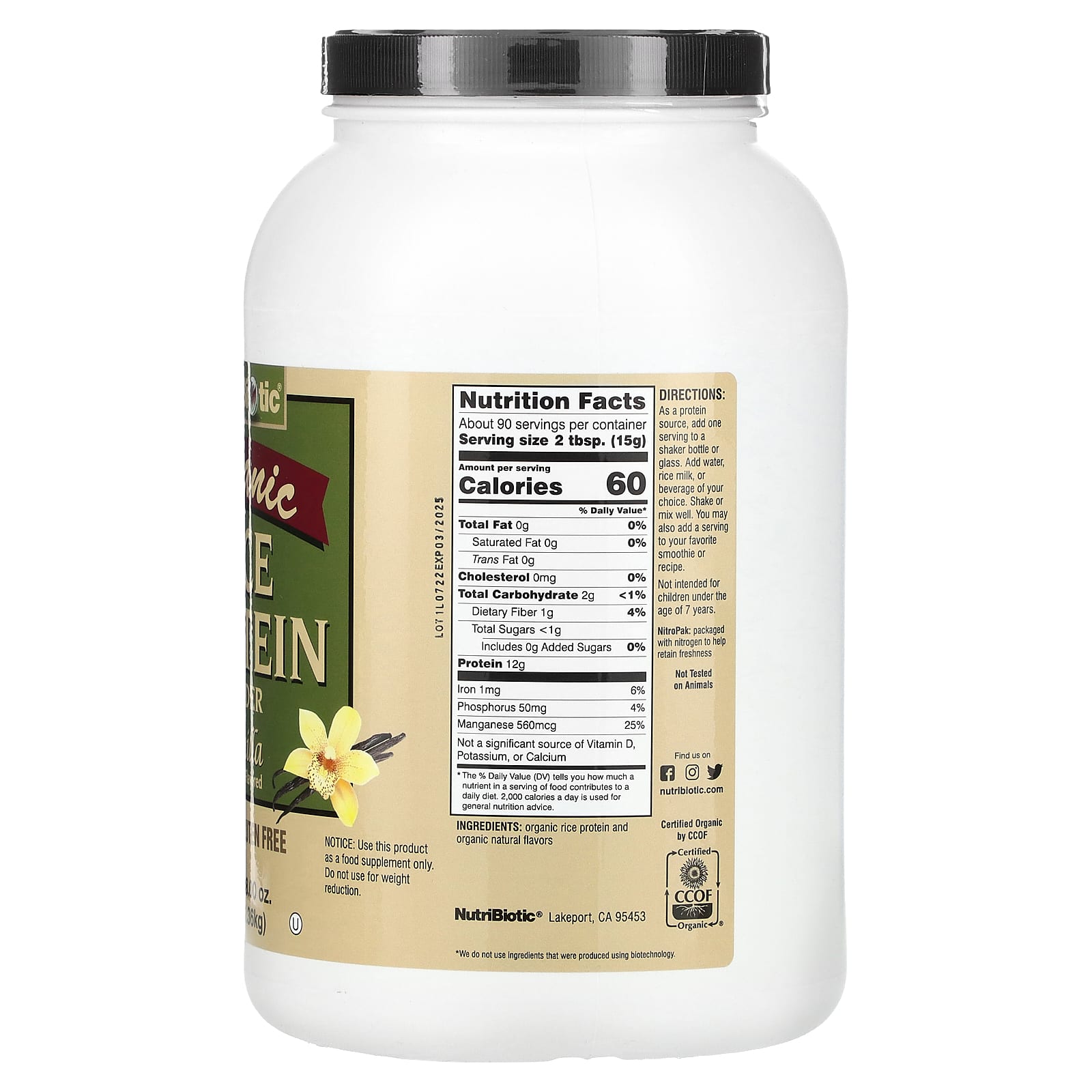 NutriBiotic, Organic Rice Protein Powder, Vanilla, 3 lb (1.36 kg) - Image 2