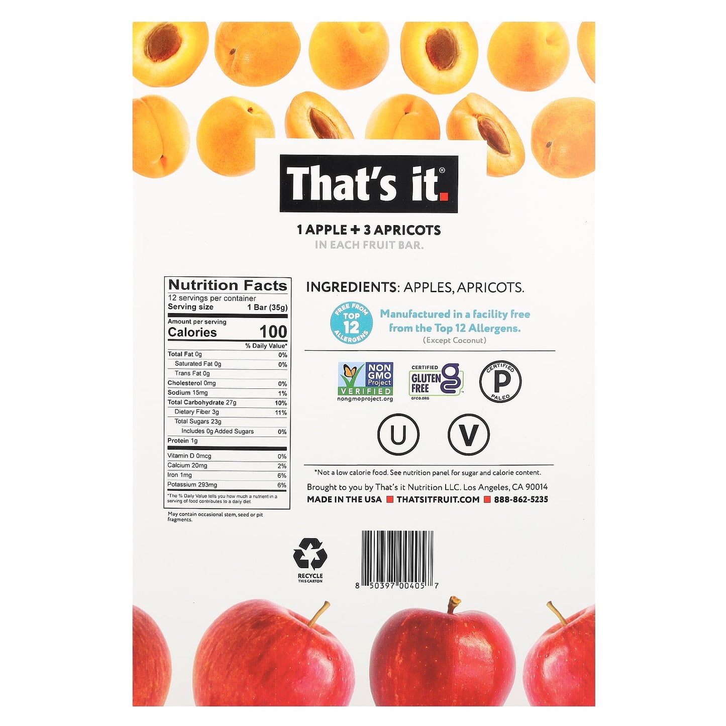 That's It, Fruit Bars, Apple + Apricots, 12 Bars, 1.2 oz (35 g) Each - Image 2