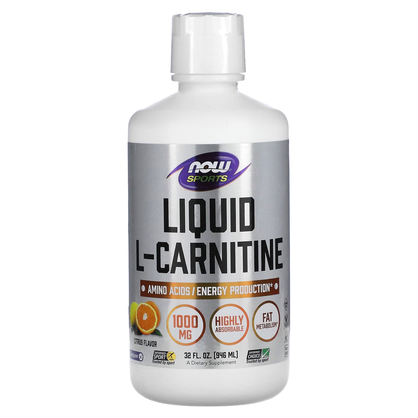 NOW Foods, Sports, Liquid L-Carnitine, Citrus, 1,000 mg, 32 fl oz (946 ml) - Image 1