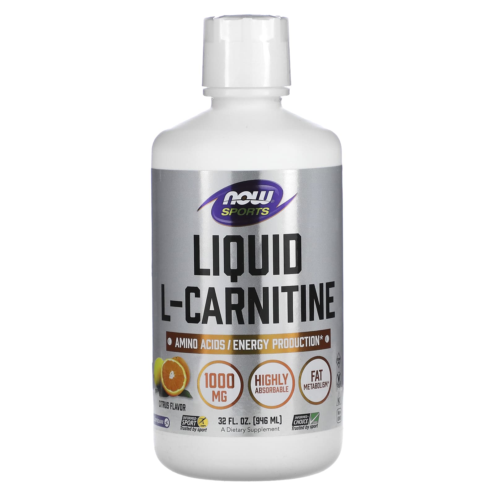 NOW Foods, Sports, Liquid L-Carnitine, Citrus, 1,000 mg, 32 fl oz (946 ml) - Image 1