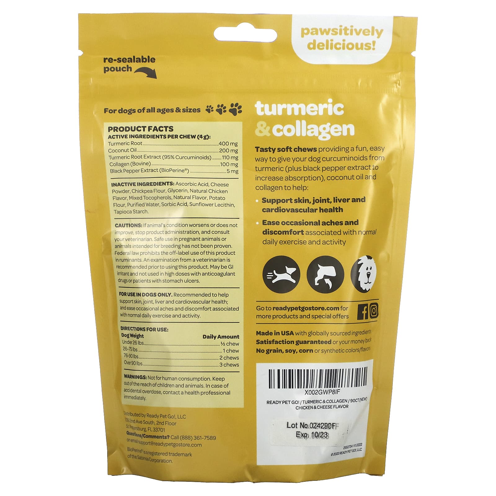 Ready Pet Go, Turmeric & Collagen, For Dogs, All Ages, Chicken & Cheese, 90 Soft Chews, 12.7 oz (360 g) - Image 2