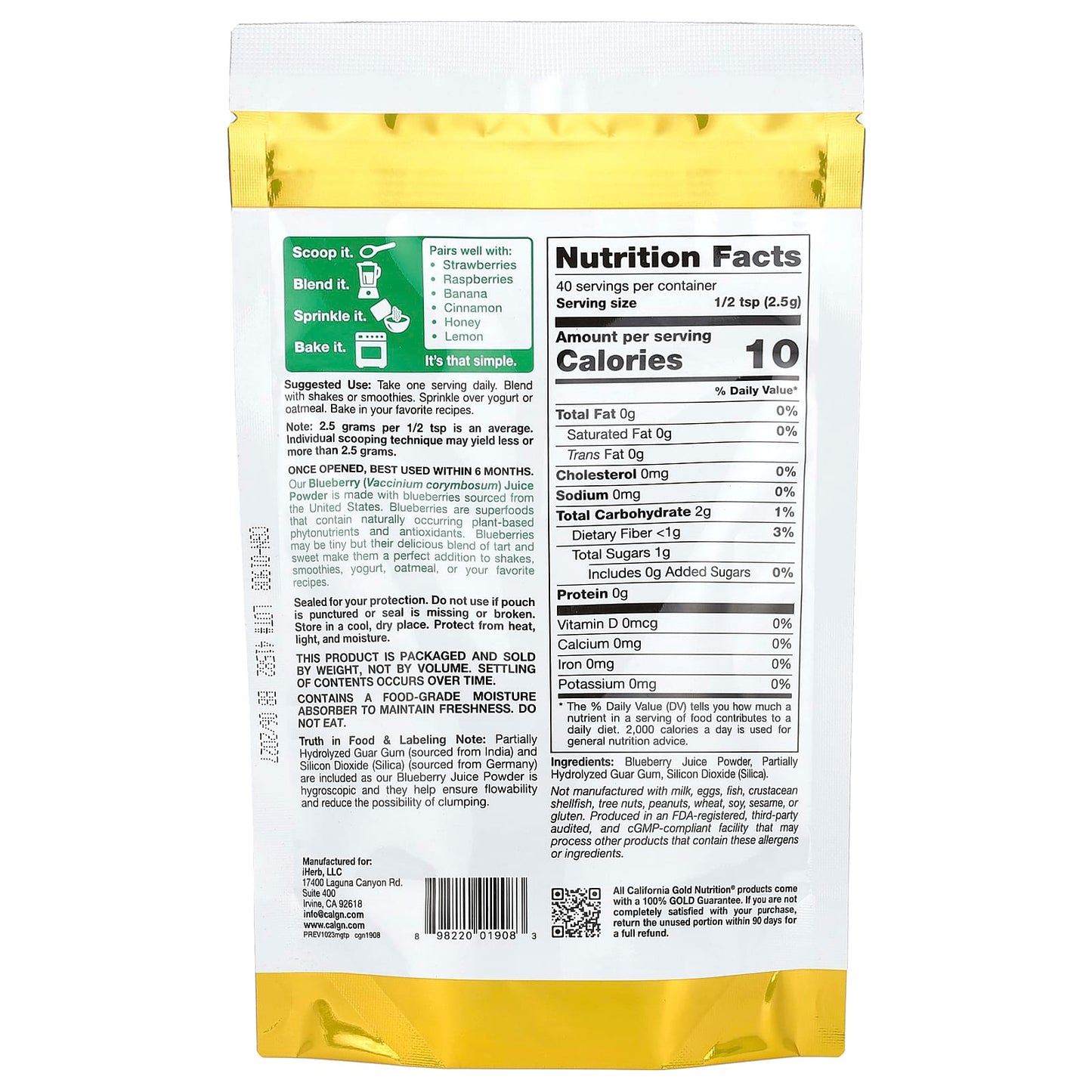California Gold Nutrition Superfoods Blueberry Juice Powder, 100g - Image 2