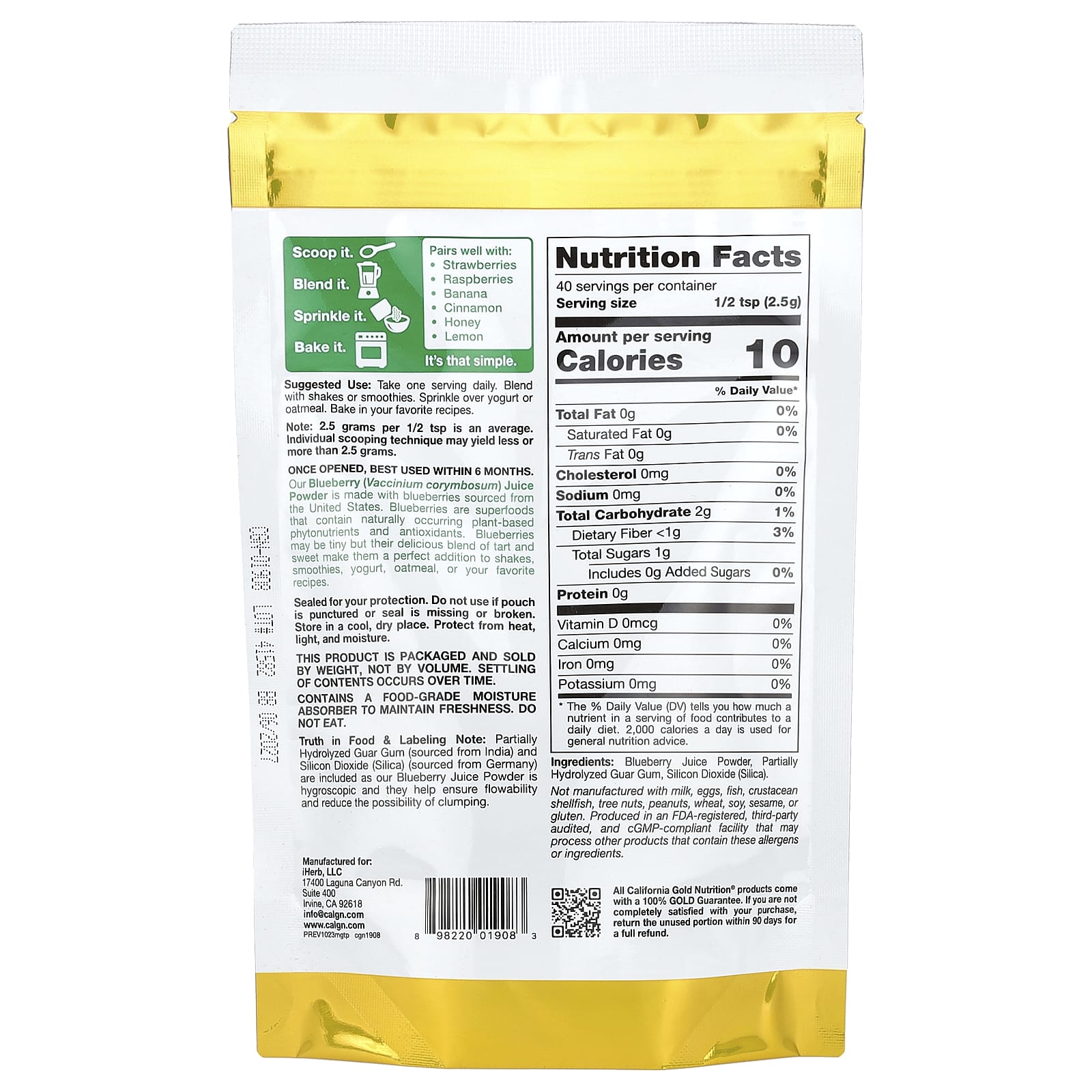 California Gold Nutrition Superfoods Blueberry Juice Powder, 100g - Image 2