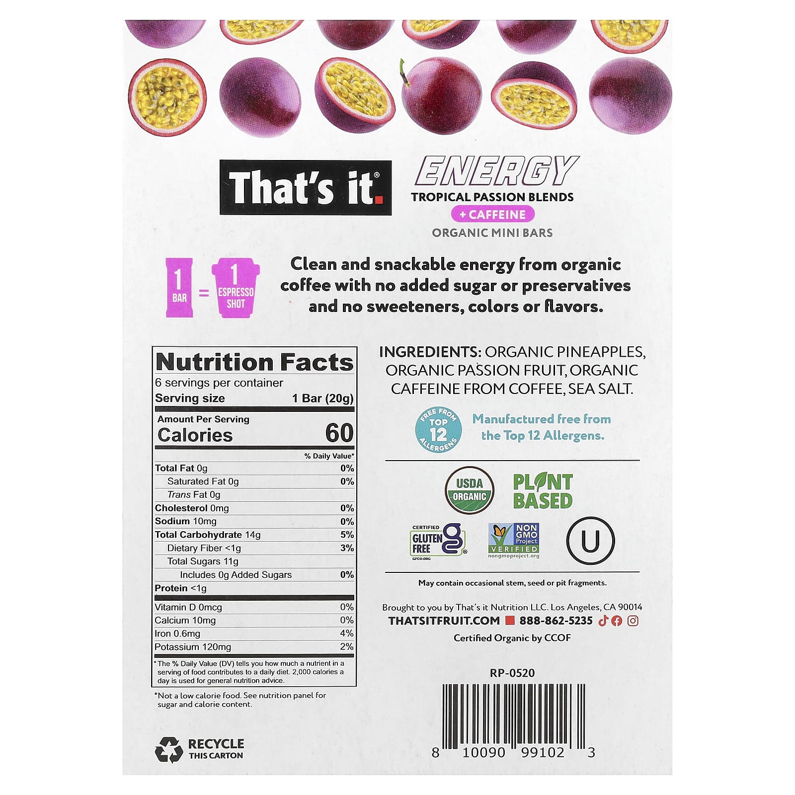 That's It, Energy, Organic Mini Bars, Tropical Passion Blends, 6 Mini Bars, 0.7 oz (20 g) Each - Image 2