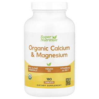 Organic Calcium & Magnesium Supplement with D3 & K2, 180 Tablets
