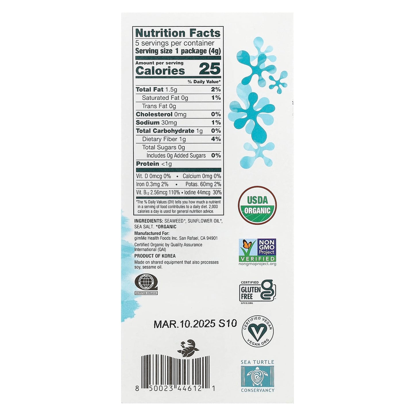 Vegan, Gluten-Free, Sea Salt Roasted Seaweed Snacks (5 Pack) - Image 2