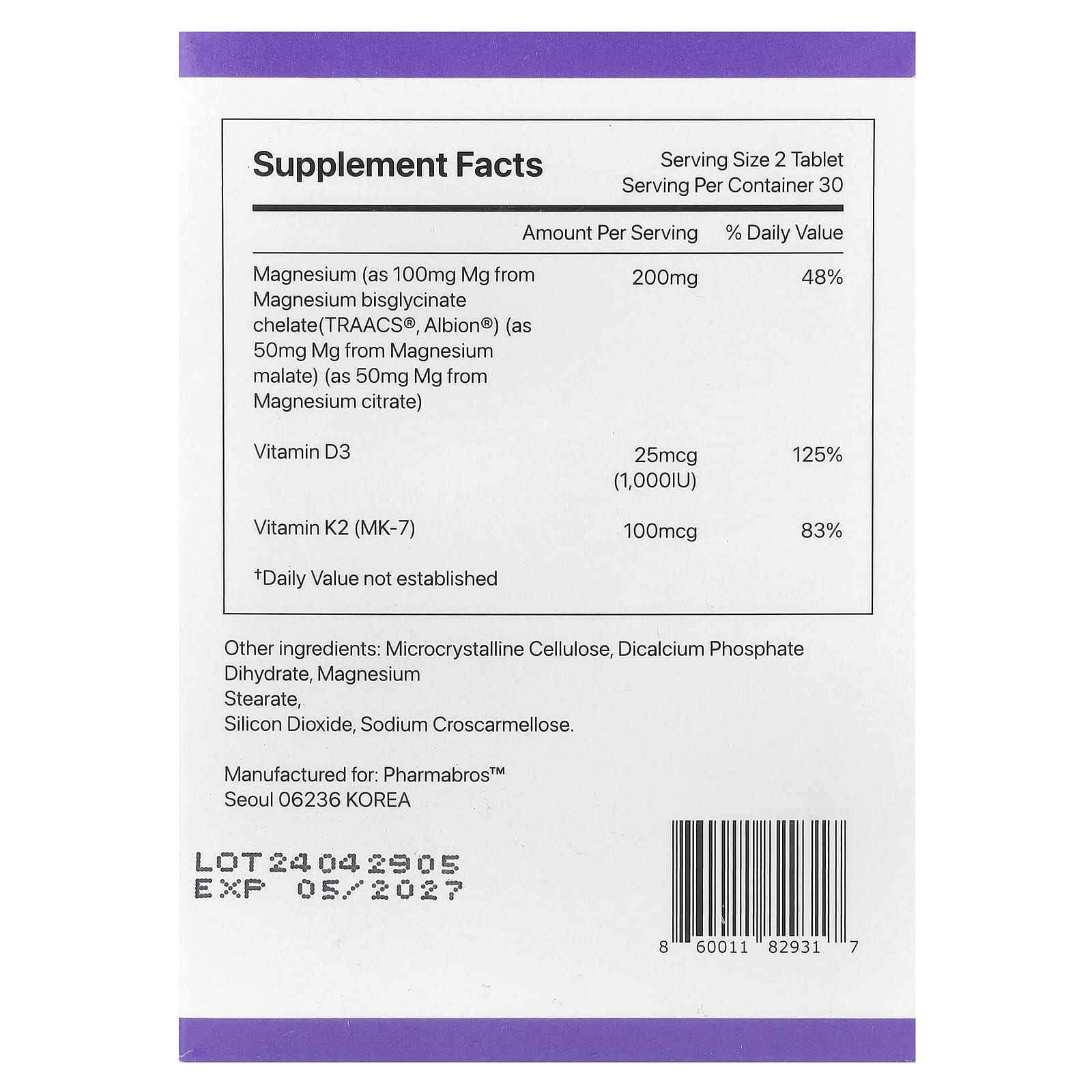 YDY, Chelated Magnesium With K2, 60 Tablets - Image 2