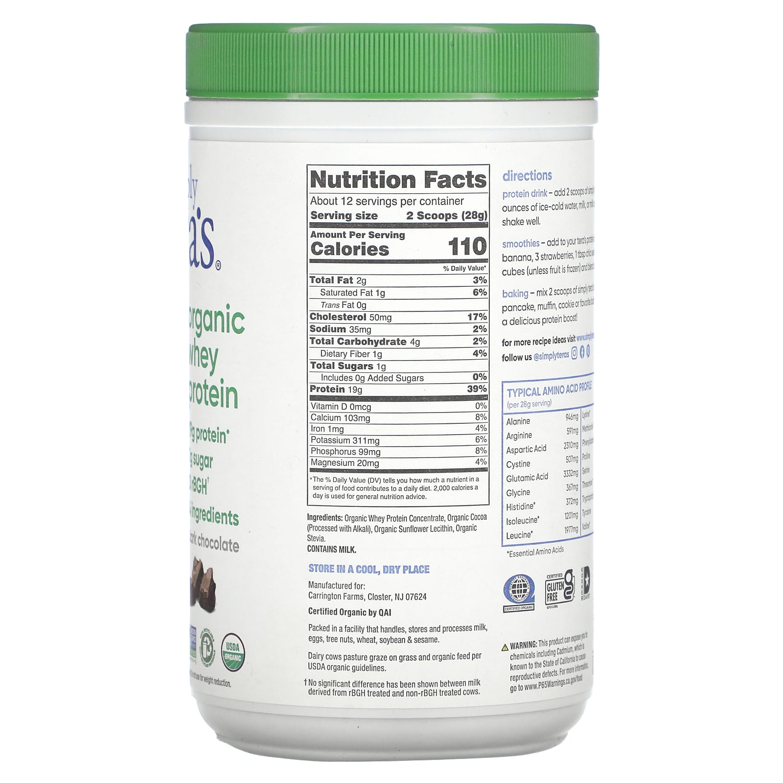 Simply Tera's, Organic Whey Protein, Dark Chocolate, 12 oz (340 g) - Image 2
