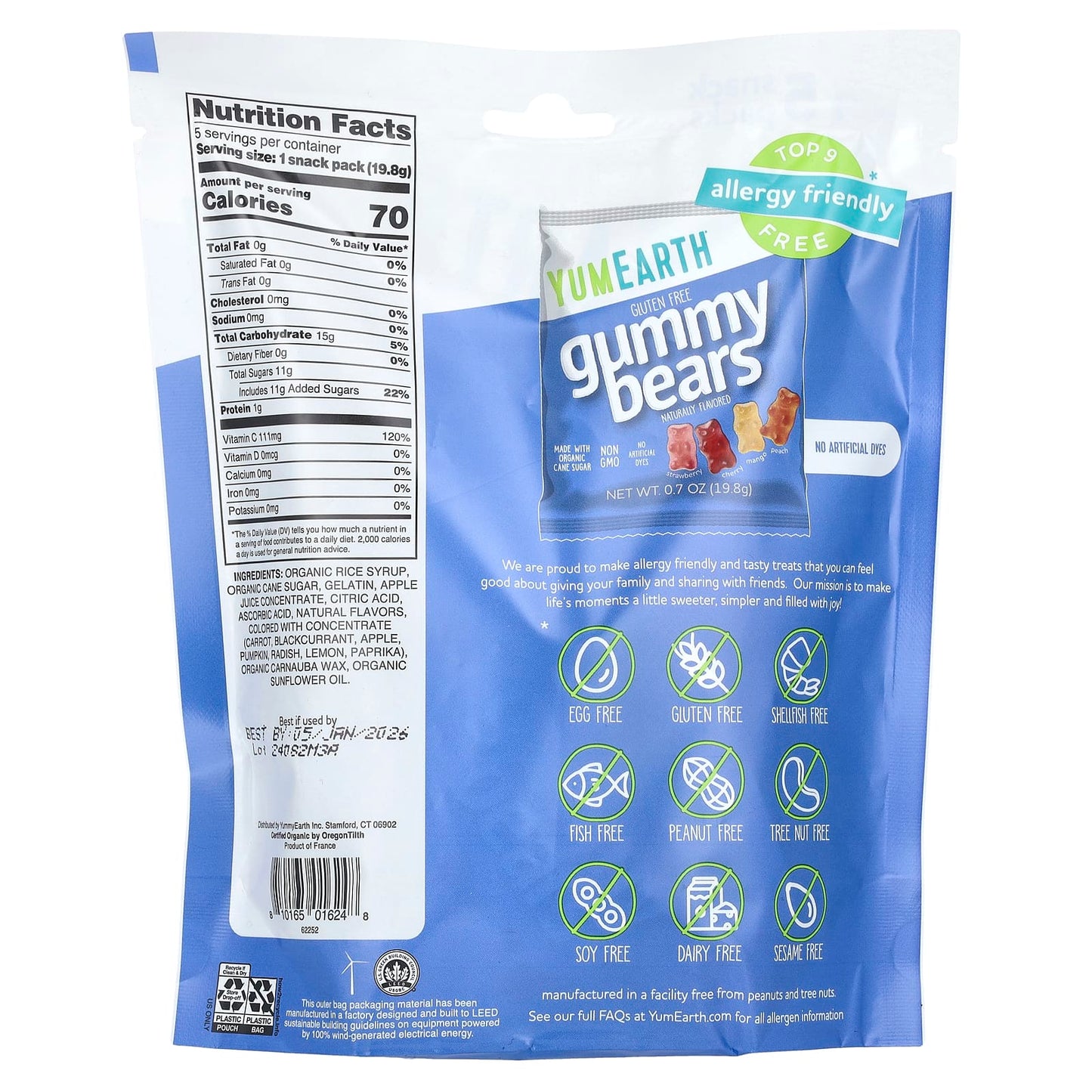 YumEarth, Gluten Free Gummy Bears, Strawberry, Cherry, Mango, Peach, 5 Snack Packs, 0.7 oz (19.8 g) Each - Image 2