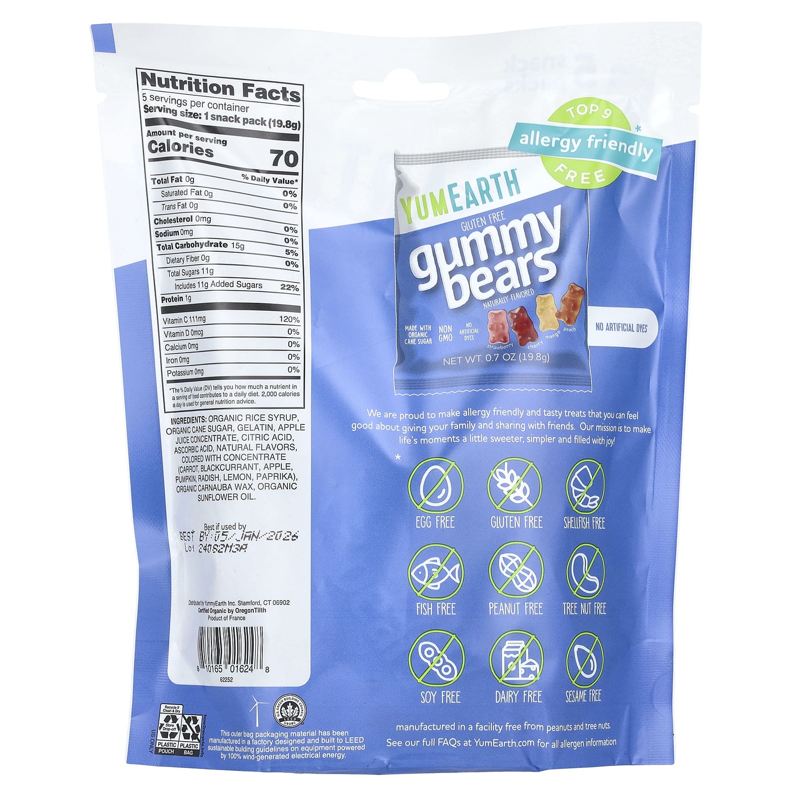 YumEarth, Gluten Free Gummy Bears, Strawberry, Cherry, Mango, Peach, 5 Snack Packs, 0.7 oz (19.8 g) Each - Image 2