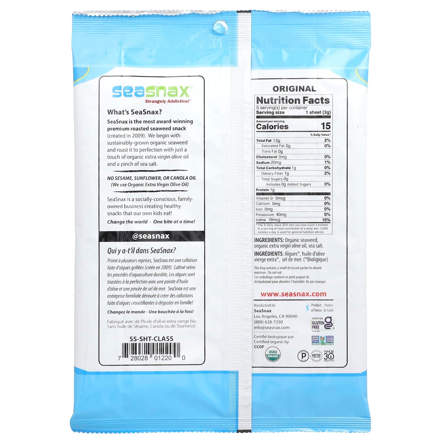 SeaSnax, Organic Roasted Seaweed Wrapz™, Extra Virgin Olive Oil & Sea Salt, 5 Large Sheets, 0.54 oz (15 g) - Image 2