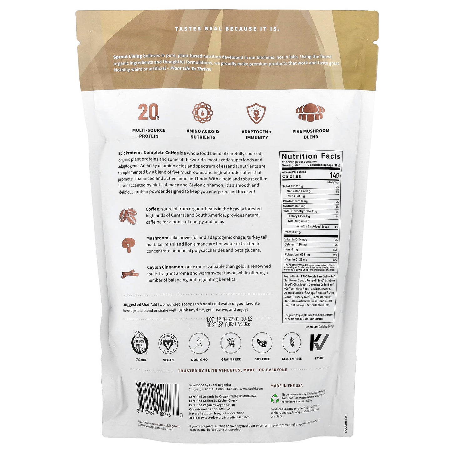 Sprout Living, Epic Protein®, Organic Plant Protein + Adaptogens, Complete Coffee, 1 lb (456 g) - Image 2