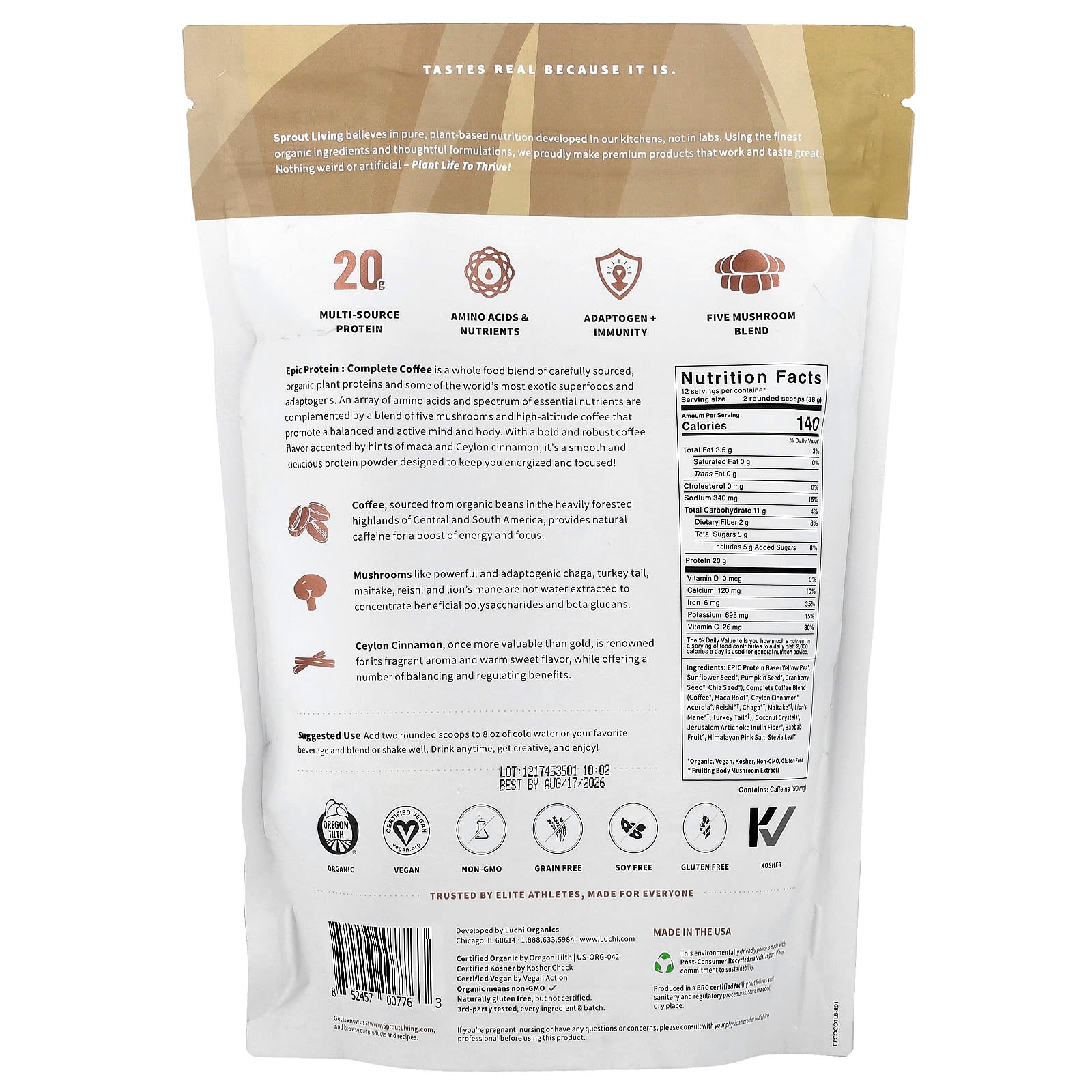 Sprout Living, Epic Protein®, Organic Plant Protein + Adaptogens, Complete Coffee, 1 lb (456 g) - Image 2