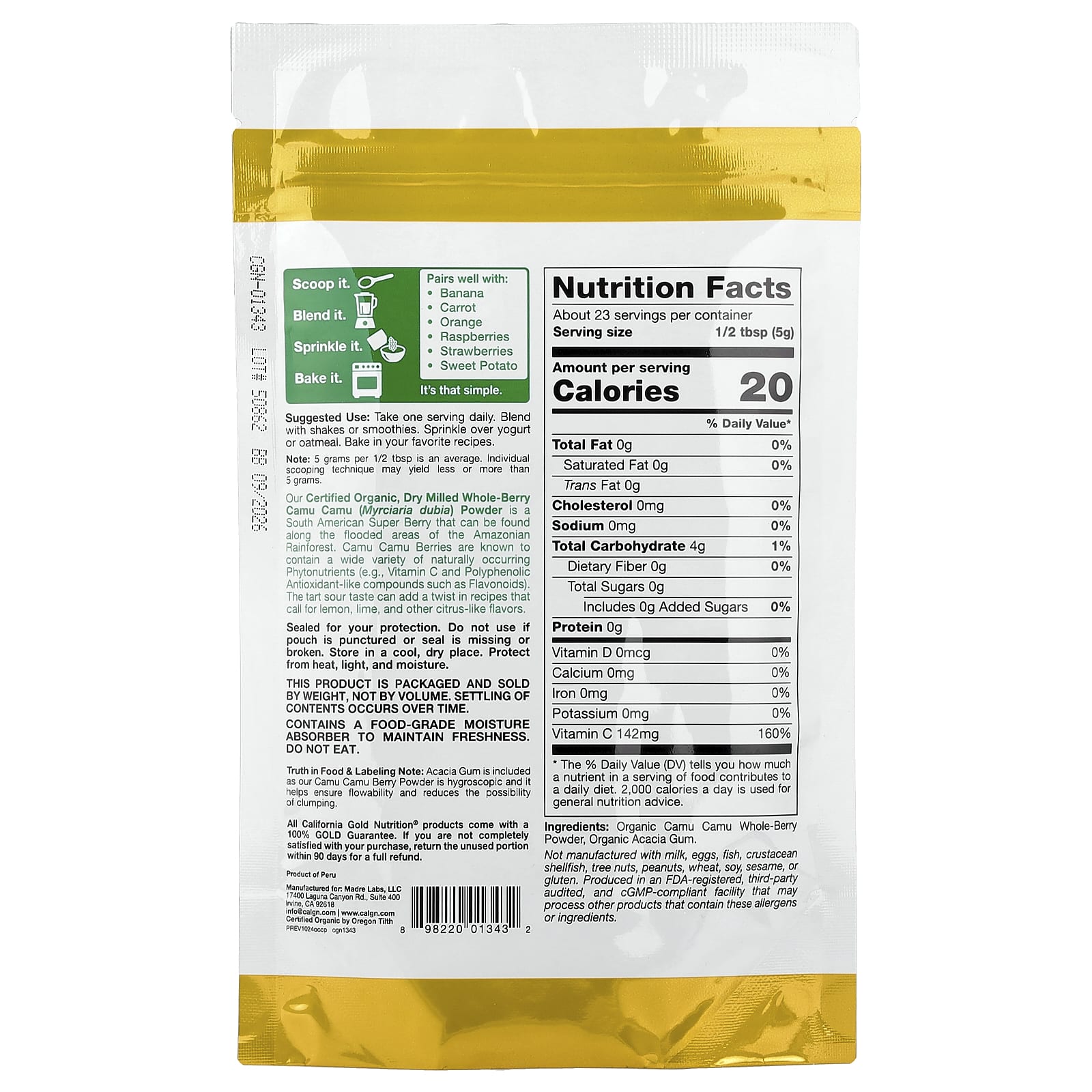 California Gold Camu Camu Powder - USDA Organic, 4 oz (114g) - Image 2