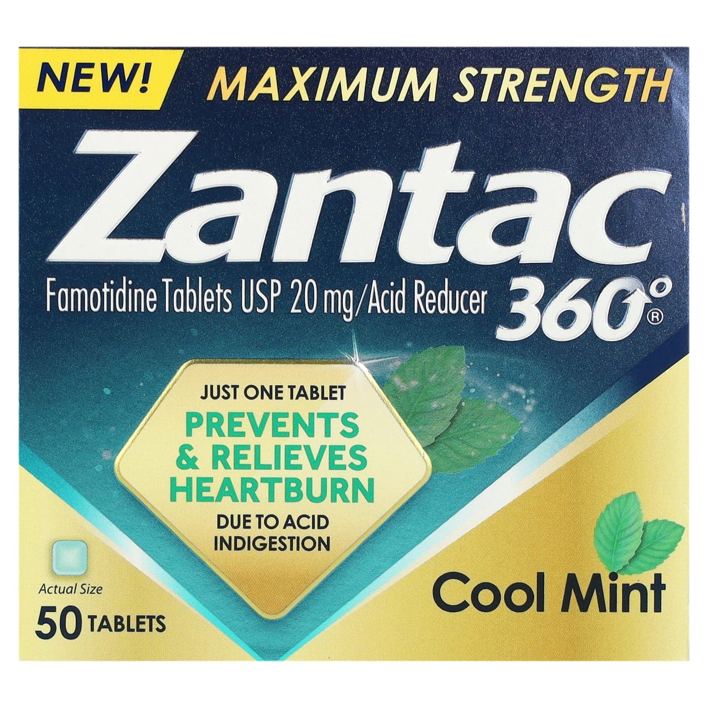 Zantac, 360°, Maximum Strength, Cool Mint, 20 mg, 50 Tablets - Image 1